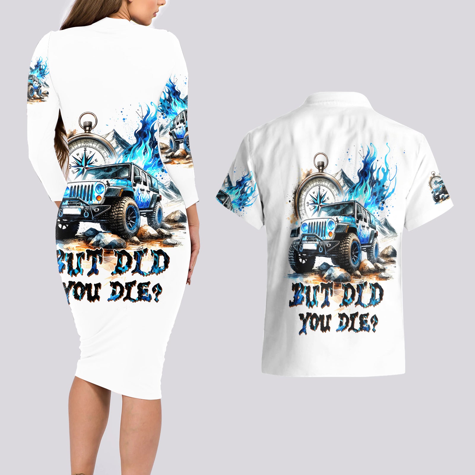 Blue Flame Jeep Couples Matching Long Sleeve Bodycon Dress and Hawaiian Shirt But Did You Die?