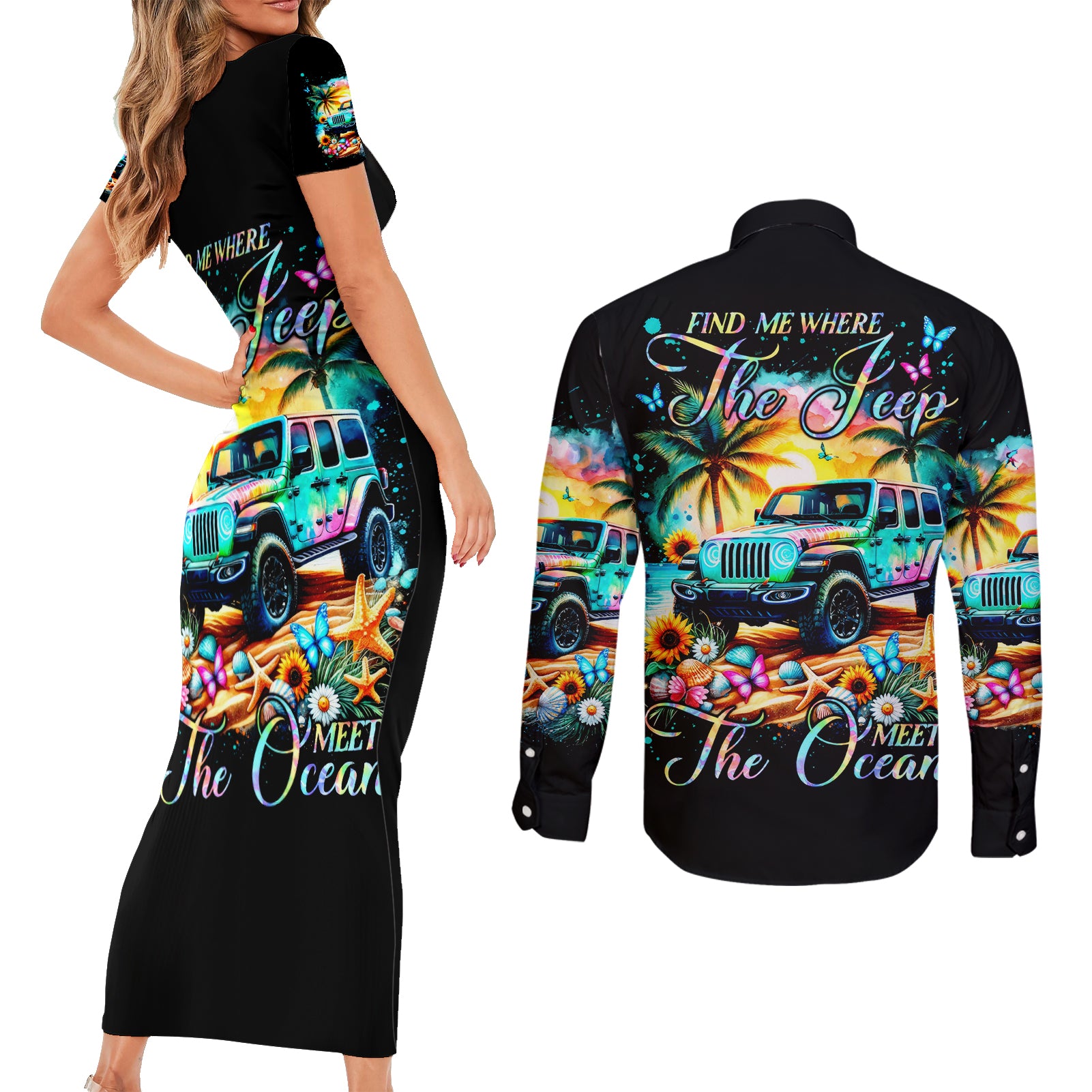 Beach Jeep Couples Matching Short Sleeve Bodycon Dress and Long Sleeve Button Shirt Find Me Where The Jeep Meets The Ocean