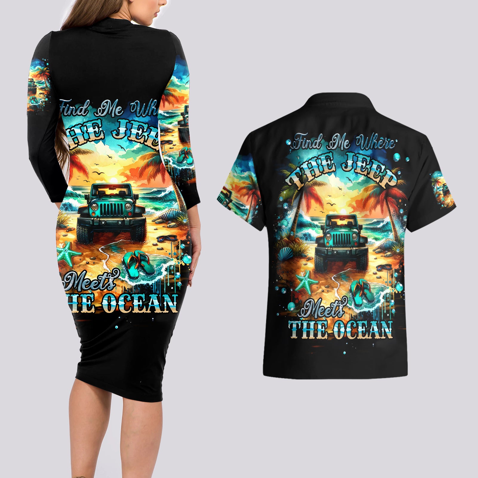 Beach Jeep Couples Matching Long Sleeve Bodycon Dress and Hawaiian Shirt Sunset Find Me Where The Jeep Meets The Ocean