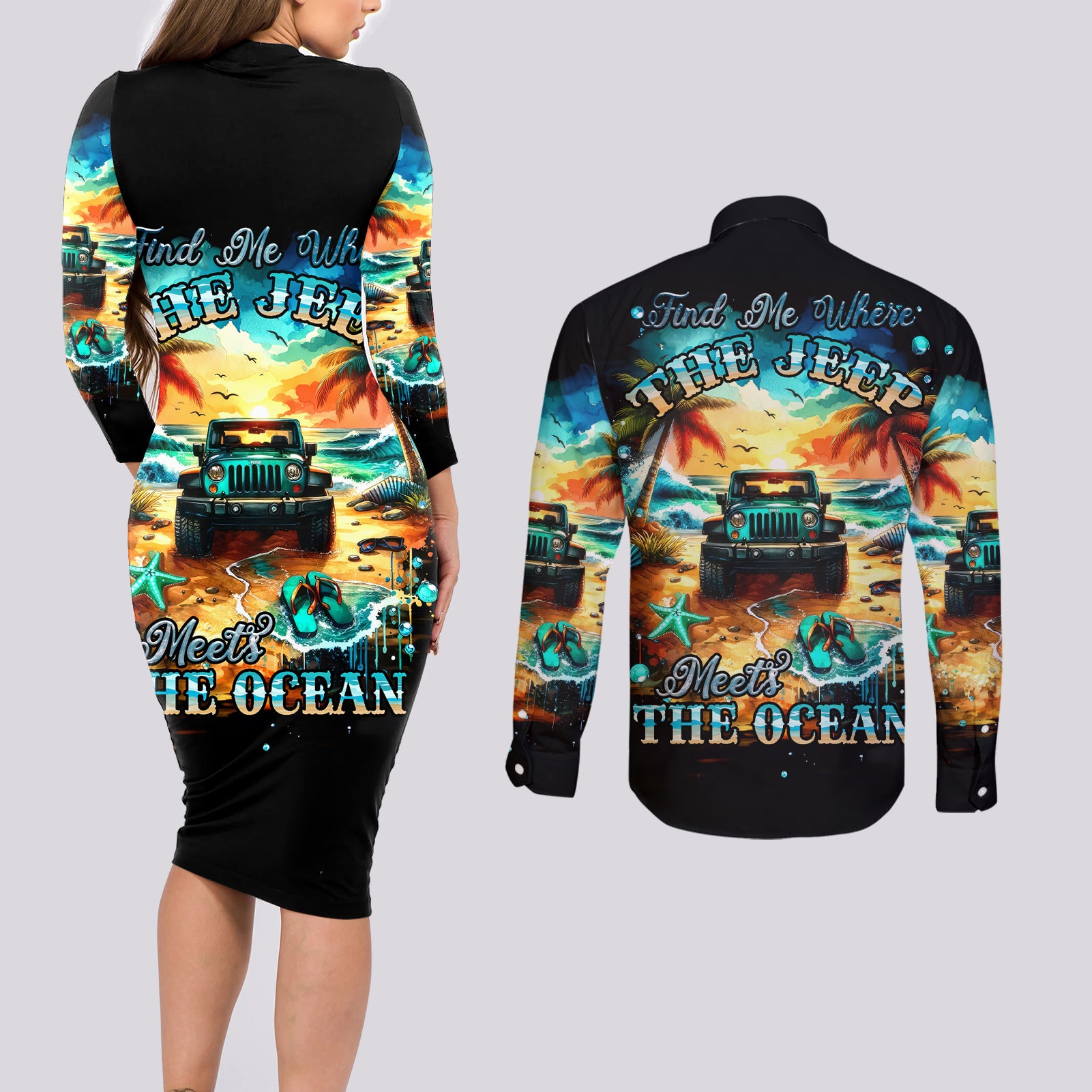 Beach Jeep Couples Matching Long Sleeve Bodycon Dress and Long Sleeve Button Shirt Sunset Find Me Where The Jeep Meets The Ocean