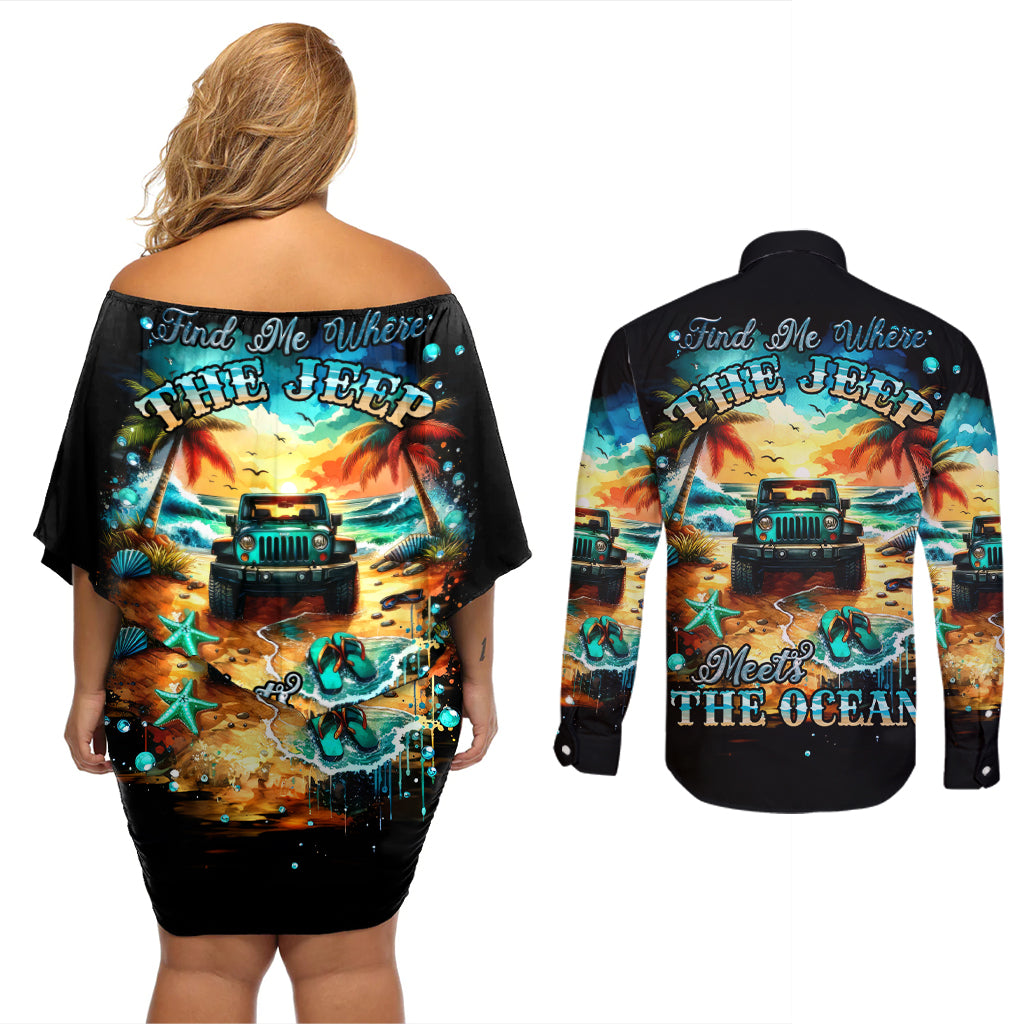 Beach Jeep Couples Matching Off Shoulder Short Dress and Long Sleeve Button Shirt Sunset Find Me Where The Jeep Meets The Ocean