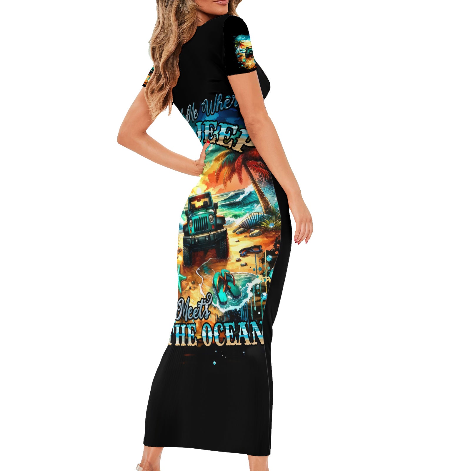 Beach Jeep Short Sleeve Bodycon Dress Sunset Find Me Where The Jeep Meets The Ocean