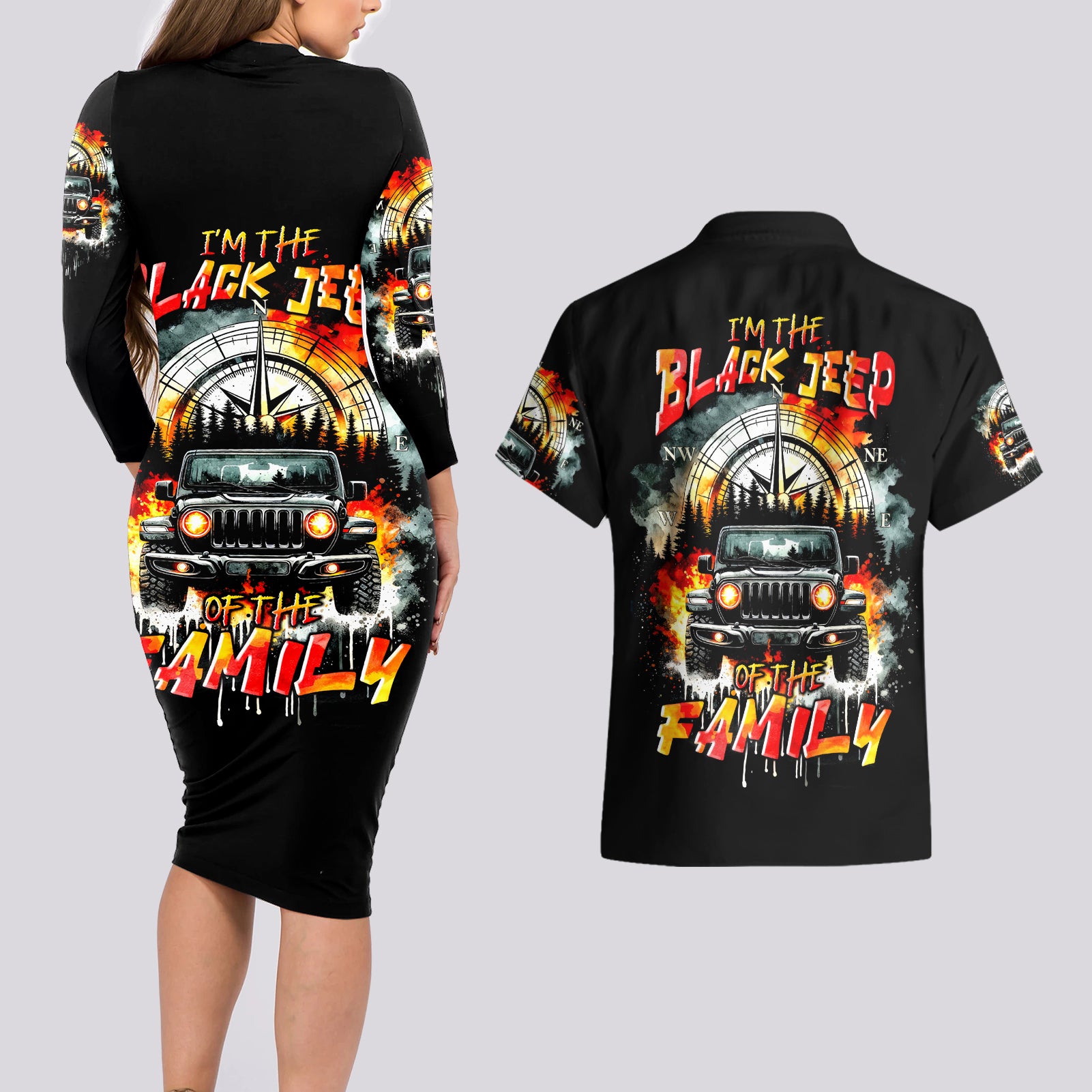 Black Jeep Couples Matching Long Sleeve Bodycon Dress and Hawaiian Shirt I'm The Black Jeep Of The Family