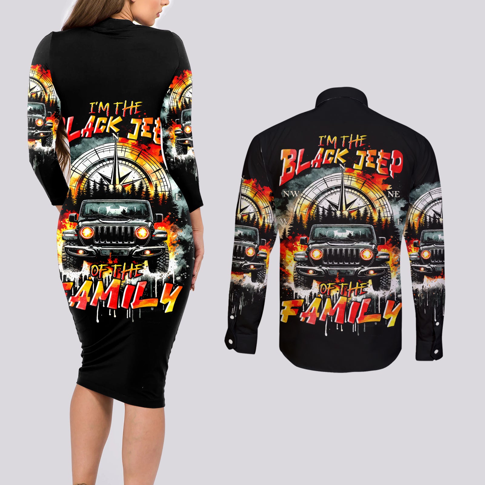 Black Jeep Couples Matching Long Sleeve Bodycon Dress and Long Sleeve Button Shirt I'm The Black Jeep Of The Family