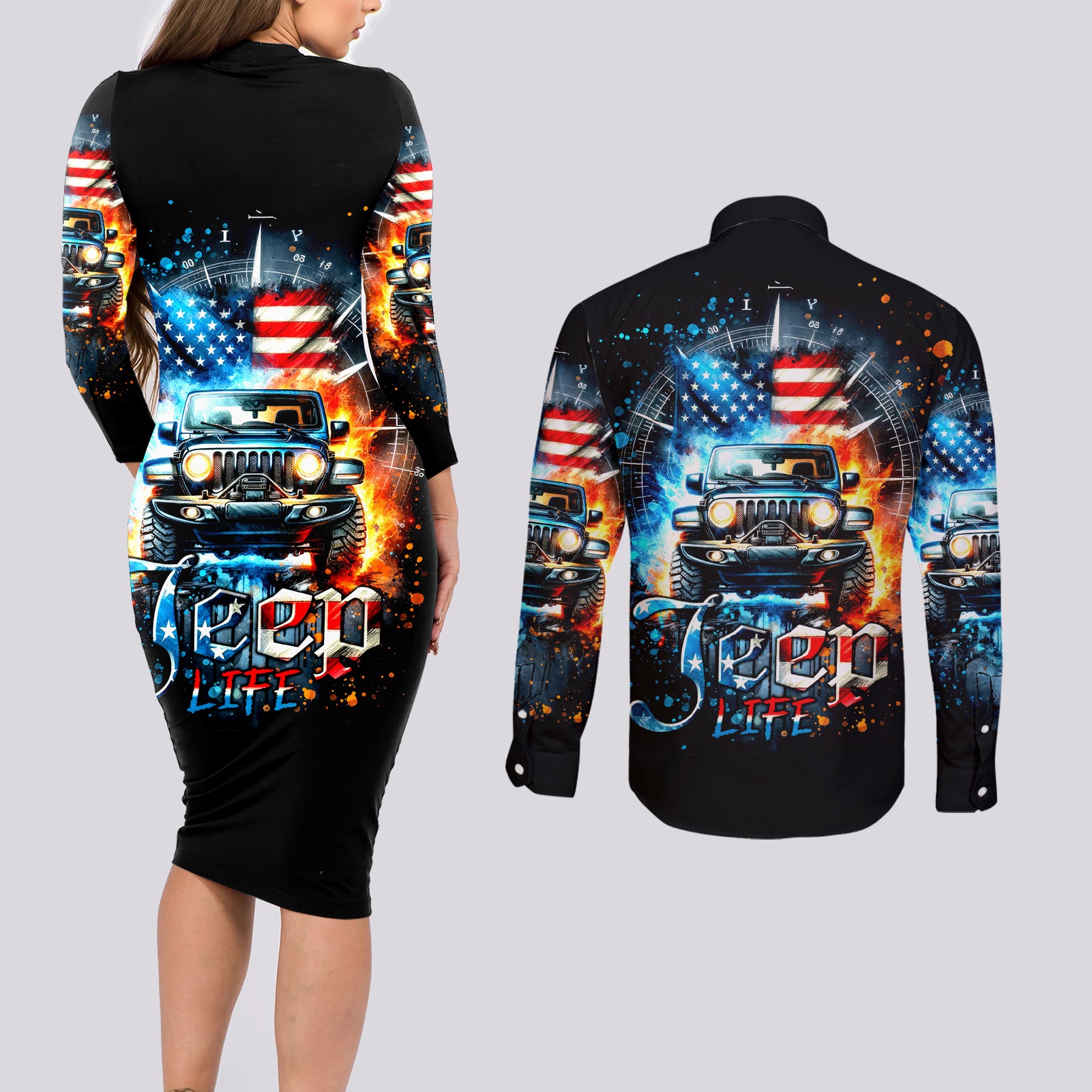 Fire Jeep Couples Matching Long Sleeve Bodycon Dress and Long Sleeve Button Shirt American Jeep Life