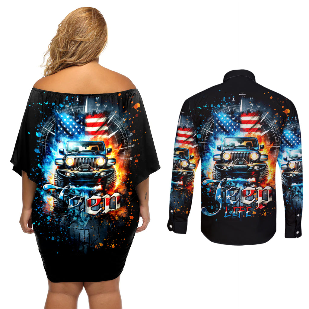 Fire Jeep Couples Matching Off Shoulder Short Dress and Long Sleeve Button Shirt American Jeep Life