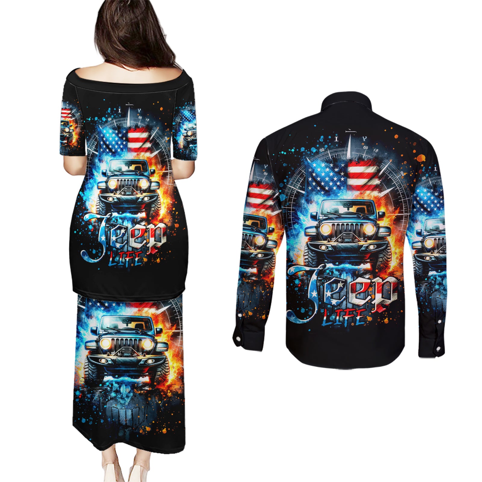 Fire Jeep Couples Matching Puletasi and Long Sleeve Button Shirt American Jeep Life