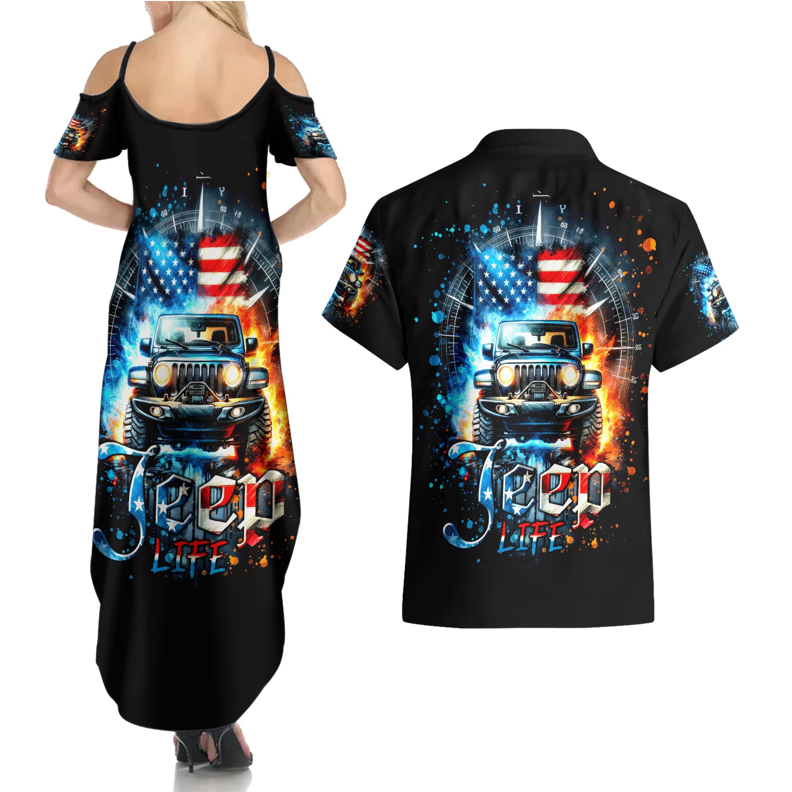 Fire Jeep Couples Matching Summer Maxi Dress and Hawaiian Shirt American Jeep Life