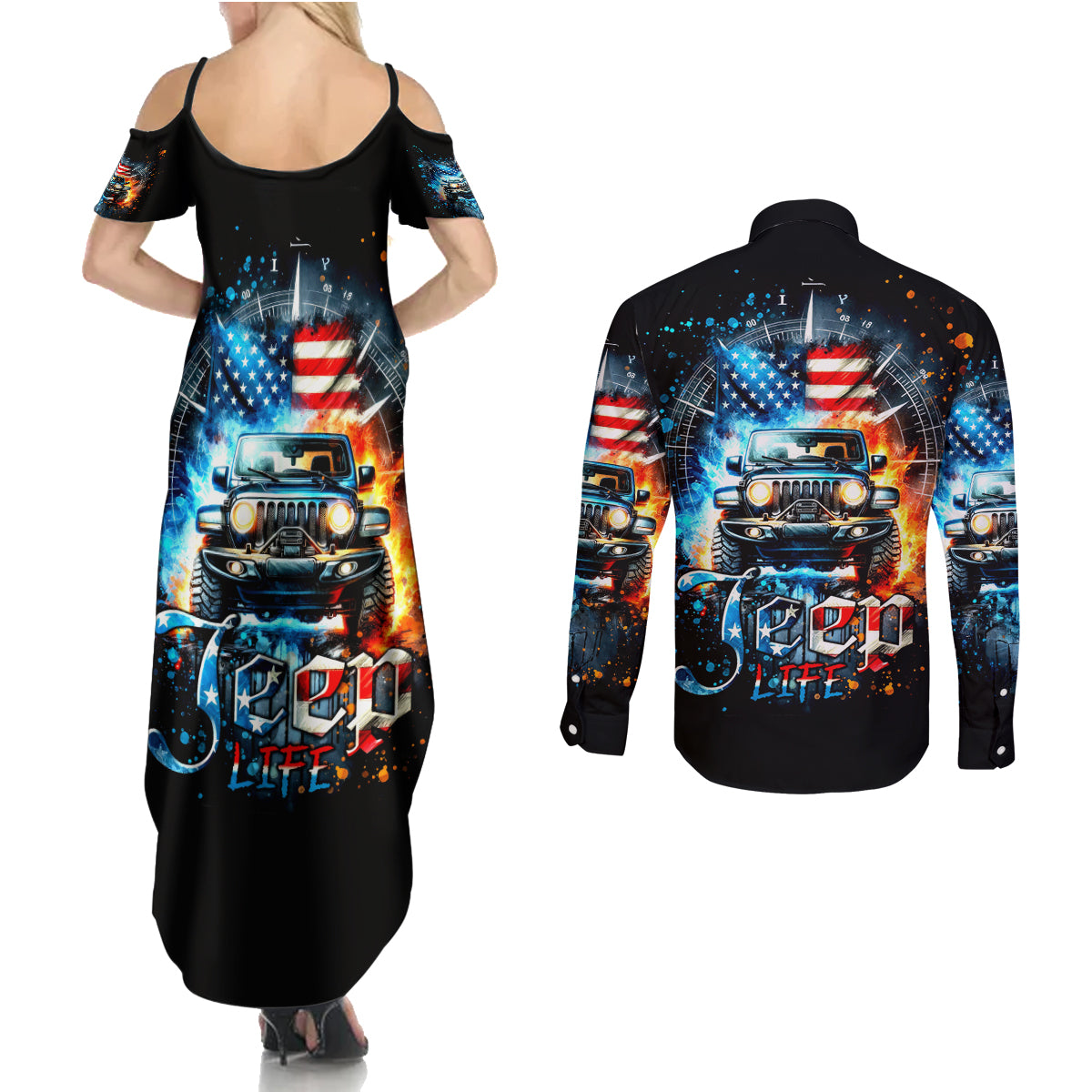 Fire Jeep Couples Matching Summer Maxi Dress and Long Sleeve Button Shirt American Jeep Life