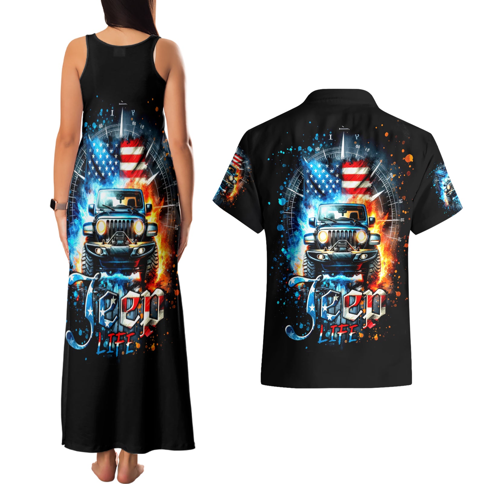 Fire Jeep Couples Matching Tank Maxi Dress and Hawaiian Shirt American Jeep Life