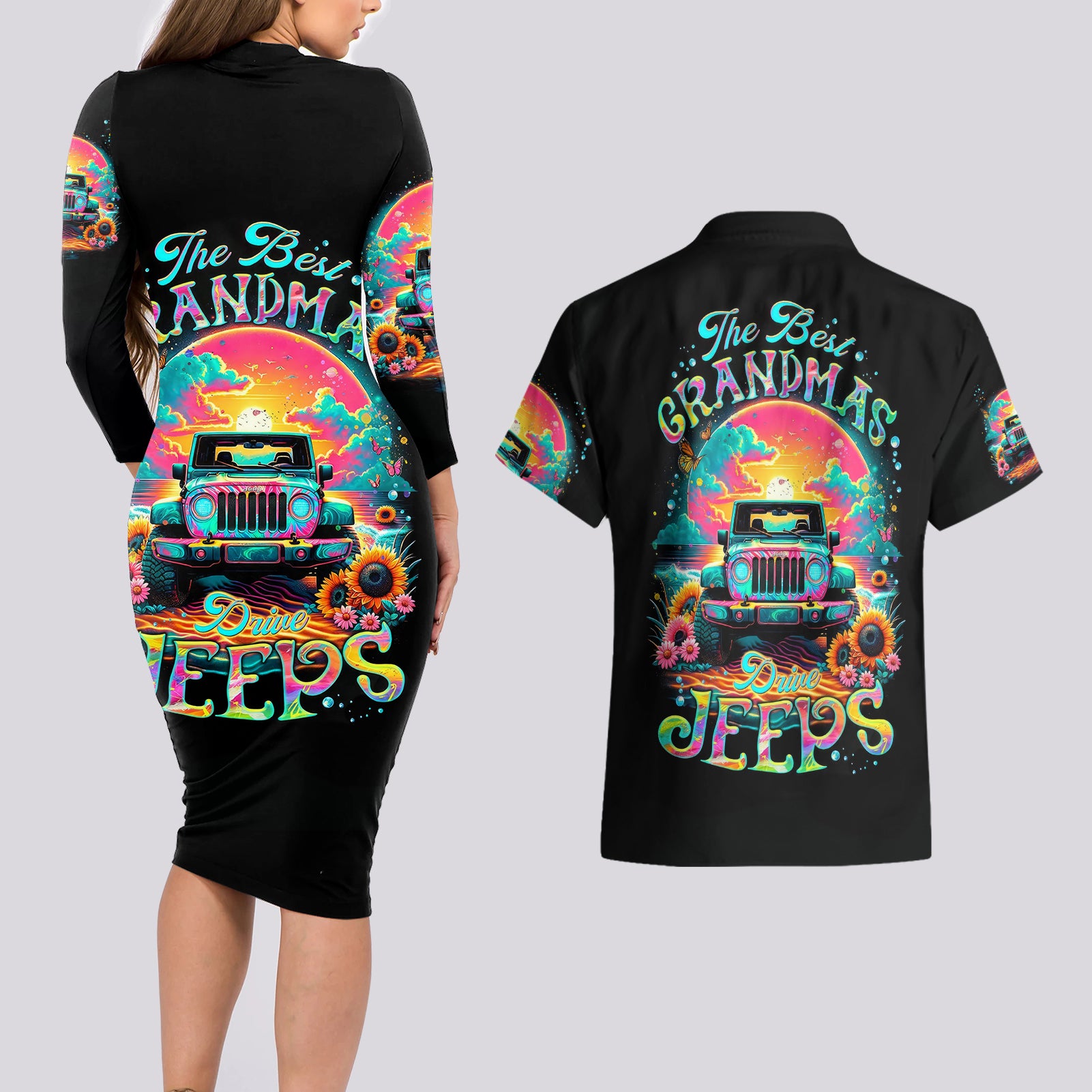 Beach Jeep Couples Matching Long Sleeve Bodycon Dress and Hawaiian Shirt The Best Grandmas Drive Jeeps