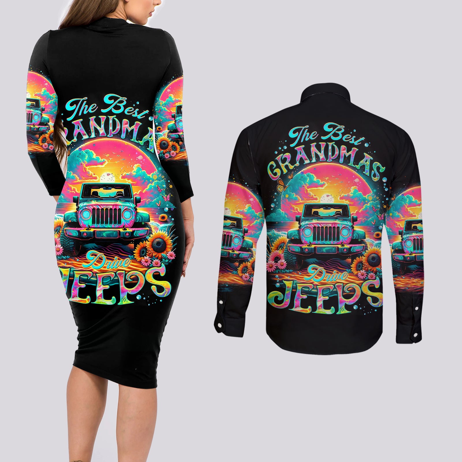 Beach Jeep Couples Matching Long Sleeve Bodycon Dress and Long Sleeve Button Shirt The Best Grandmas Drive Jeeps