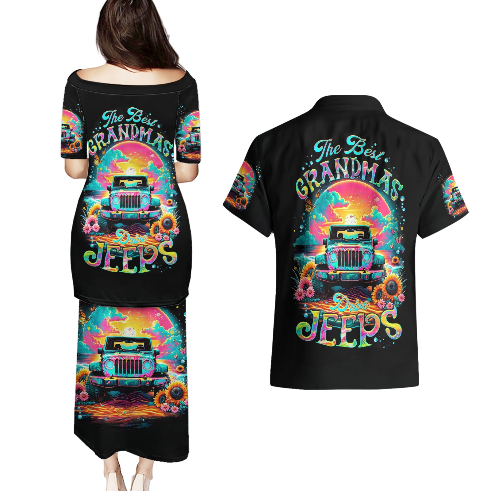 Beach Jeep Couples Matching Puletasi and Hawaiian Shirt The Best Grandmas Drive Jeeps