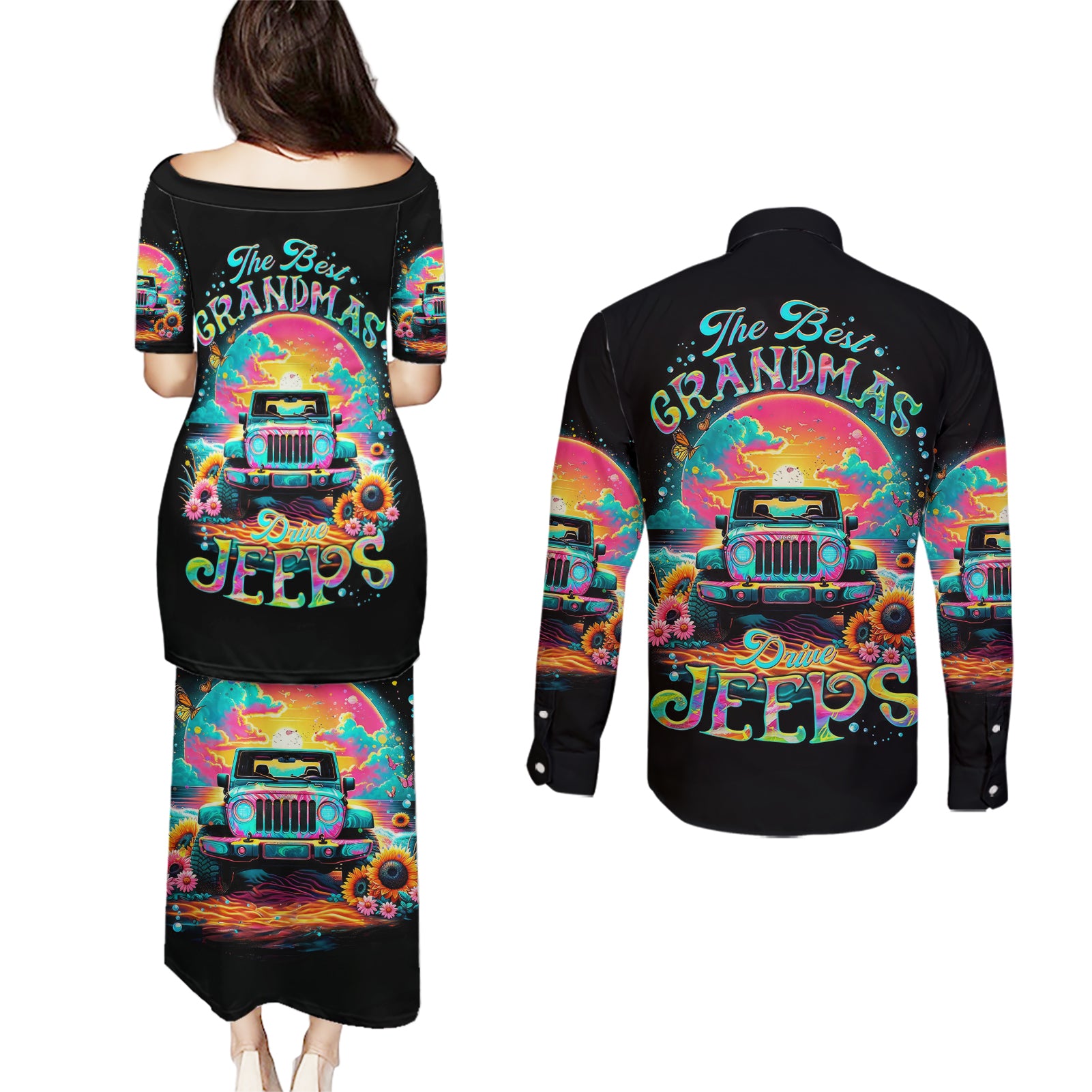 Beach Jeep Couples Matching Puletasi and Long Sleeve Button Shirt The Best Grandmas Drive Jeeps