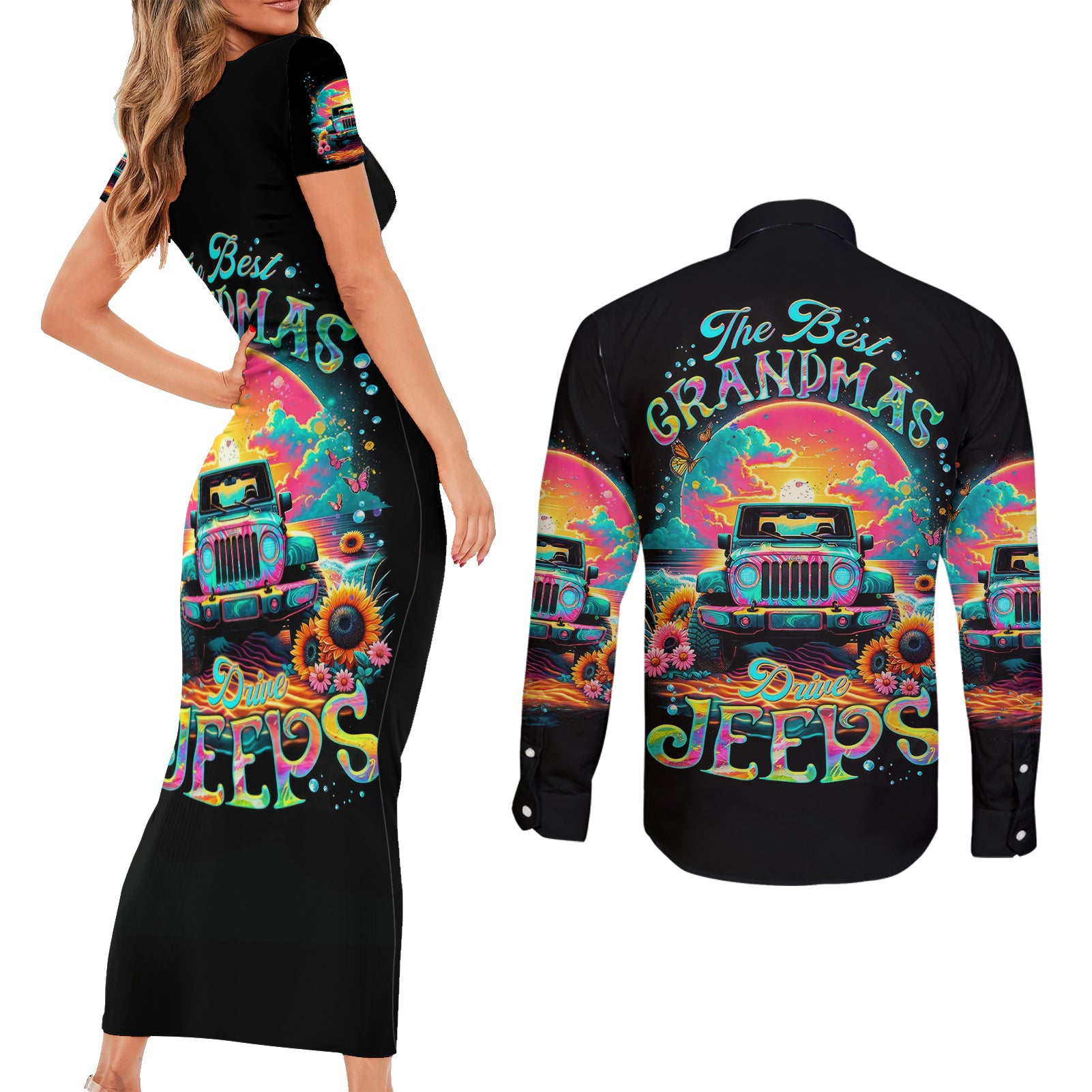 Beach Jeep Couples Matching Short Sleeve Bodycon Dress and Long Sleeve Button Shirt The Best Grandmas Drive Jeeps