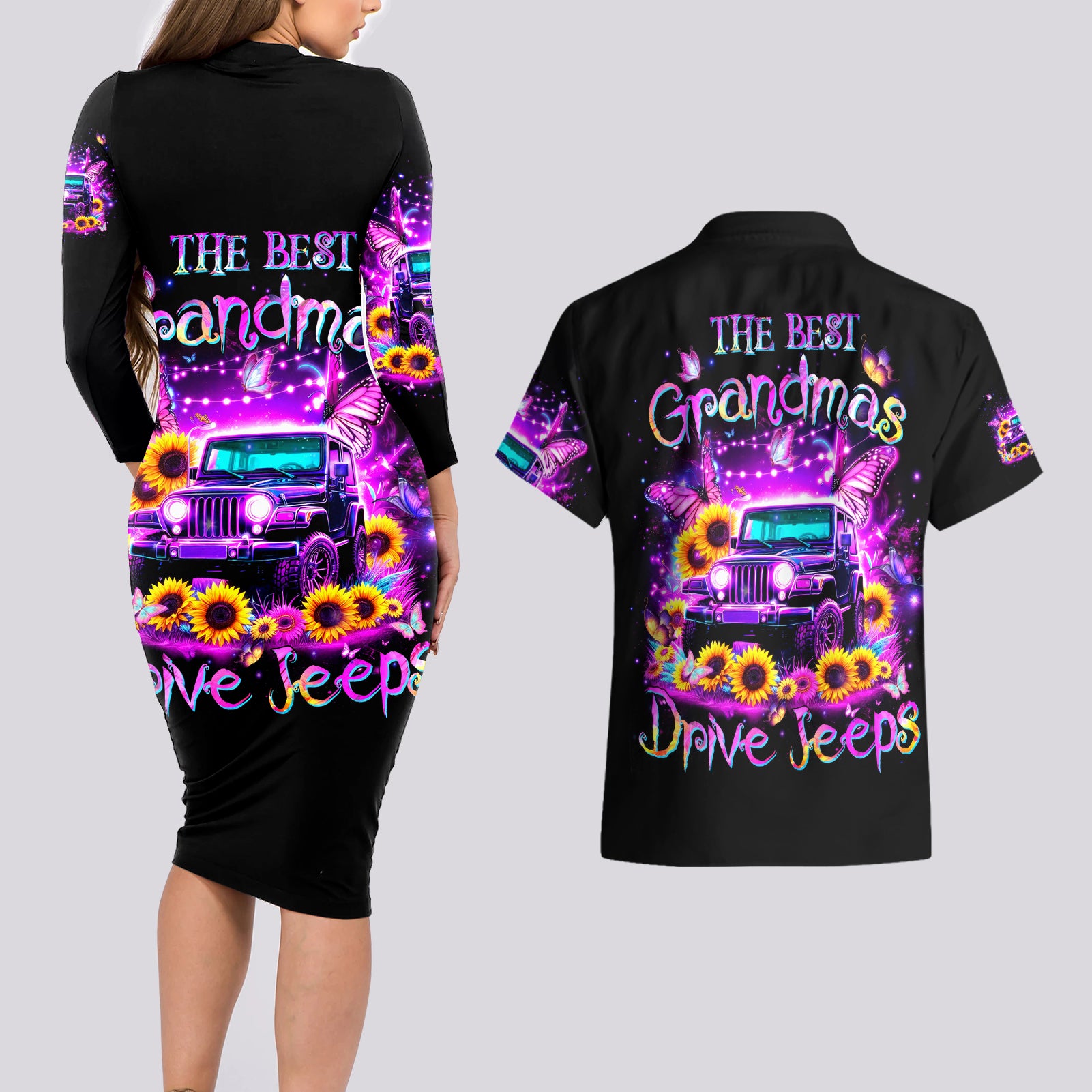 Buffterfly Jeep Couples Matching Long Sleeve Bodycon Dress and Hawaiian Shirt The Best Grandmas Drive Jeeps