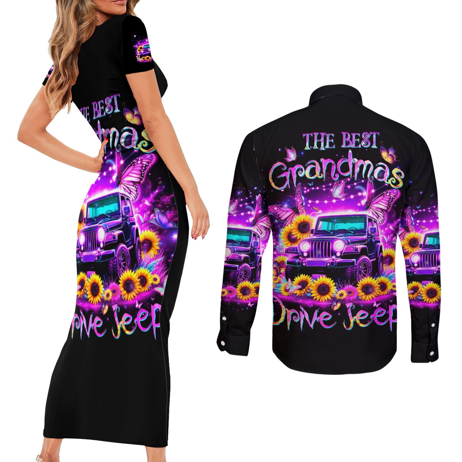 Buffterfly Jeep Couples Matching Short Sleeve Bodycon Dress and Long Sleeve Button Shirt The Best Grandmas Drive Jeeps