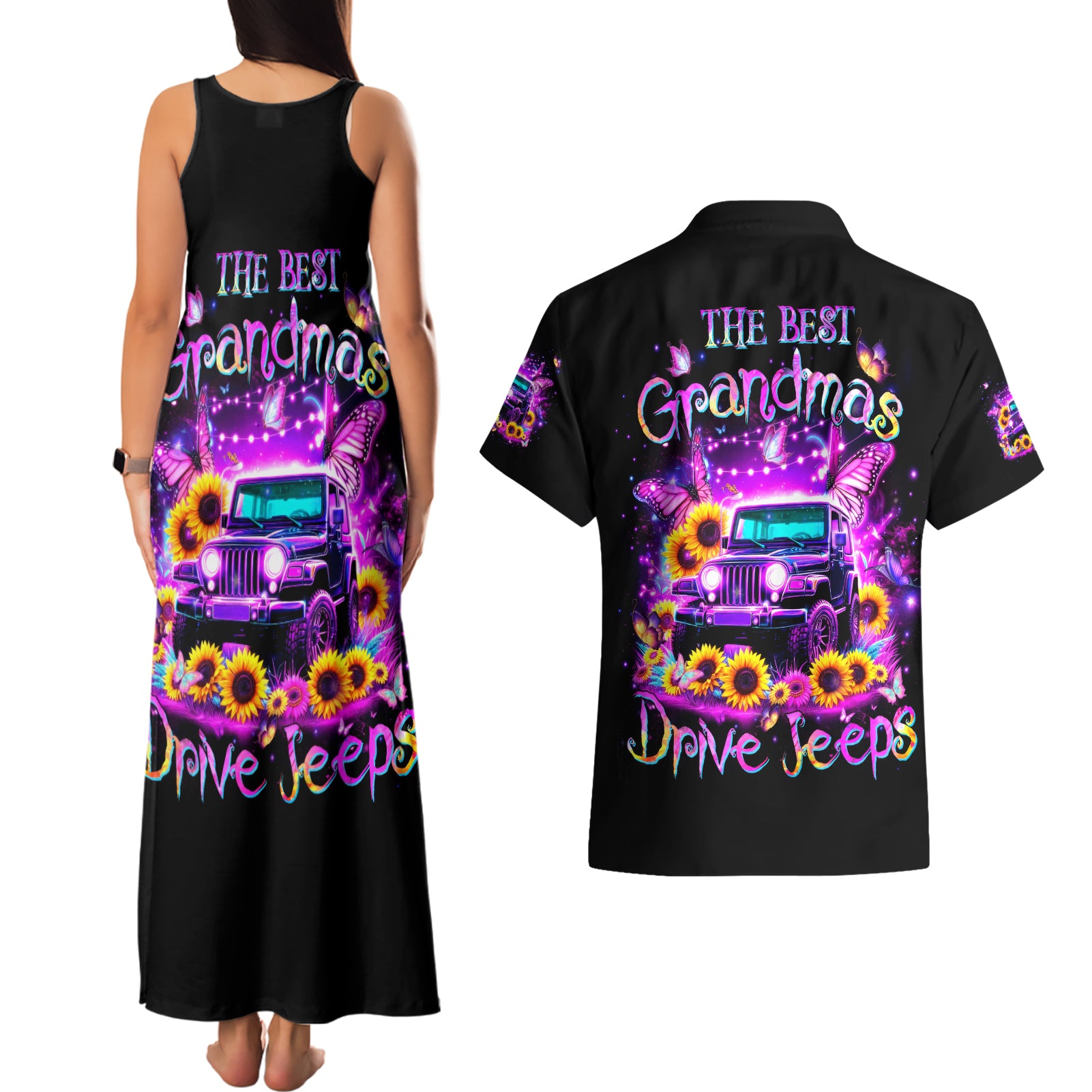 Buffterfly Jeep Couples Matching Tank Maxi Dress and Hawaiian Shirt The Best Grandmas Drive Jeeps