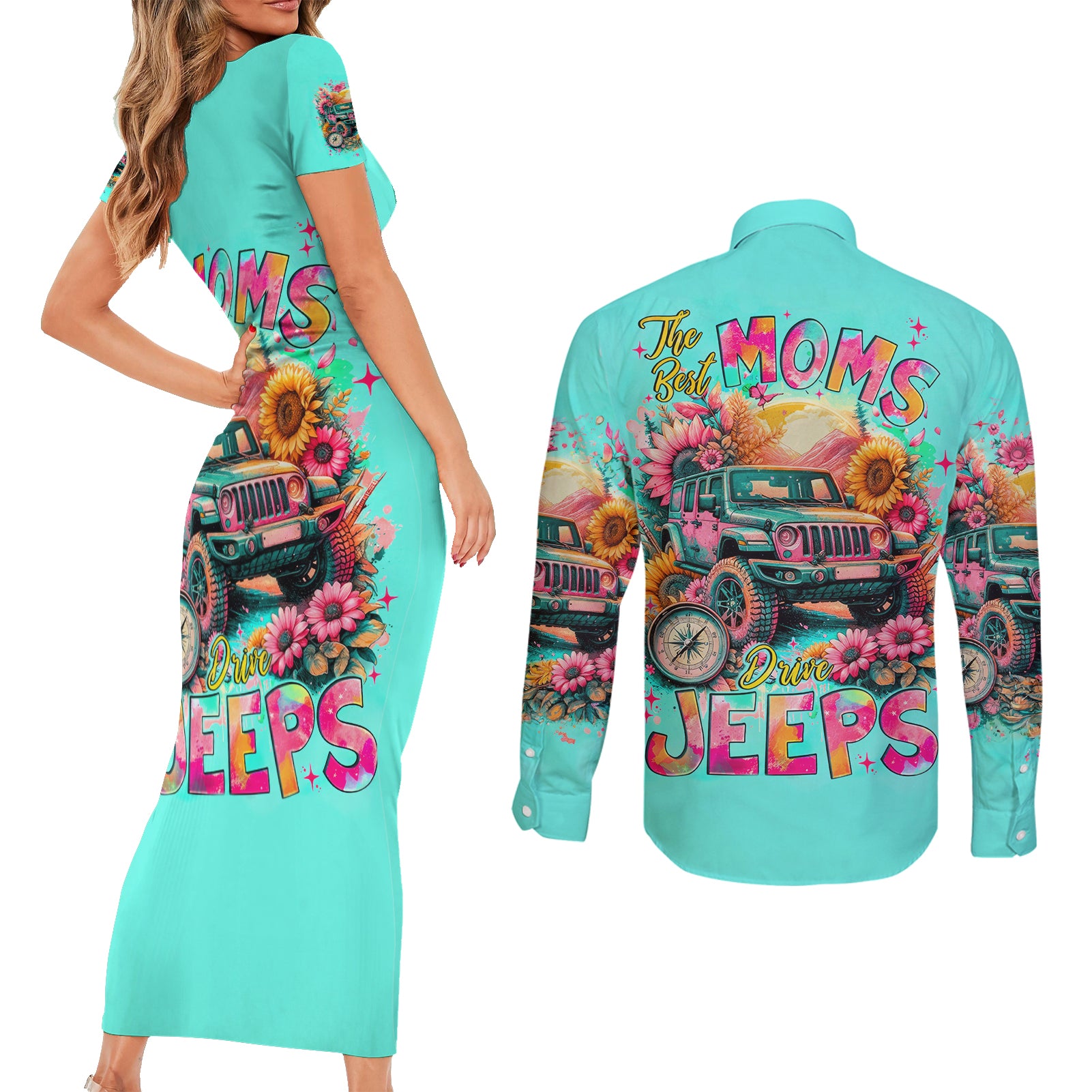 Flower Jeep Couples Matching Short Sleeve Bodycon Dress and Long Sleeve Button Shirt The Best Moms Drive Jeeps