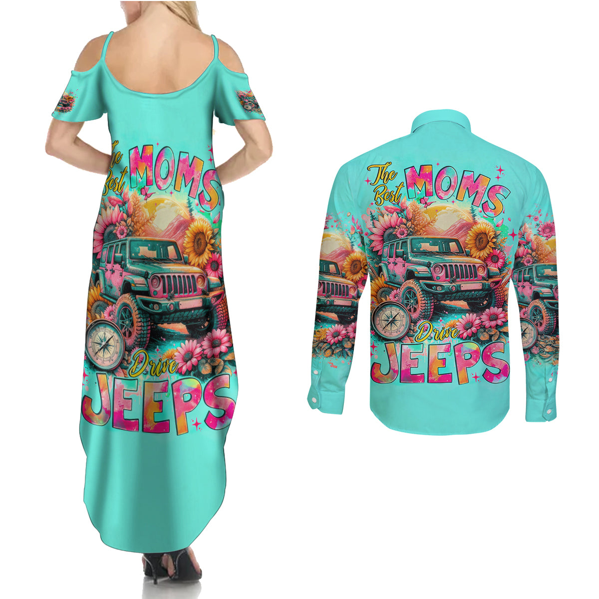 Flower Jeep Couples Matching Summer Maxi Dress and Long Sleeve Button Shirt The Best Moms Drive Jeeps