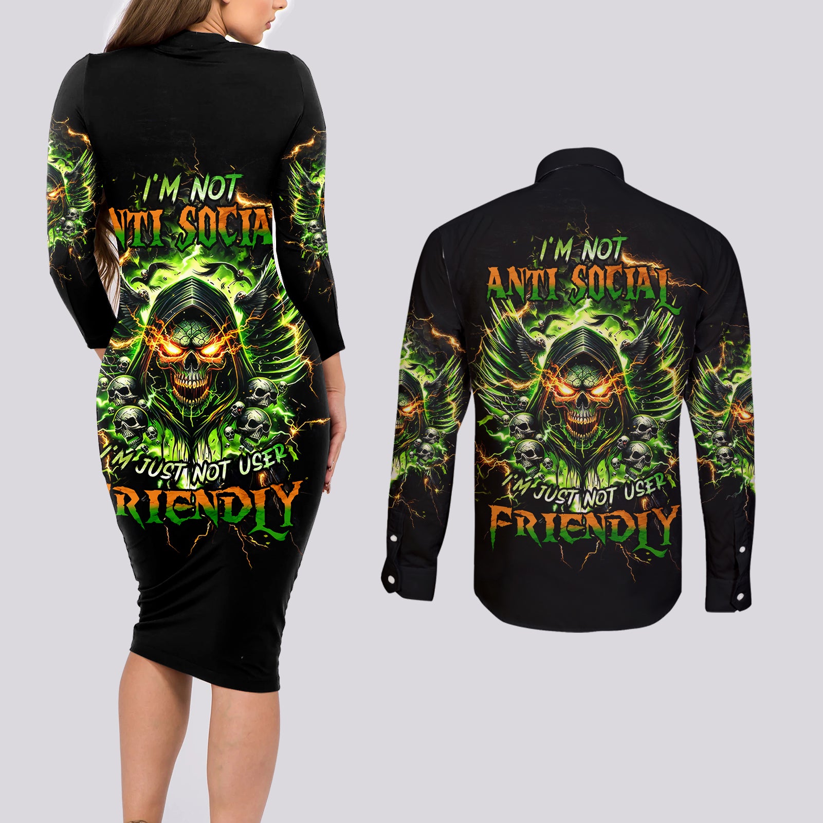 Doule Skull Couples Matching Long Sleeve Bodycon Dress and Long Sleeve Button Shirt Angel To Some Demon To Most