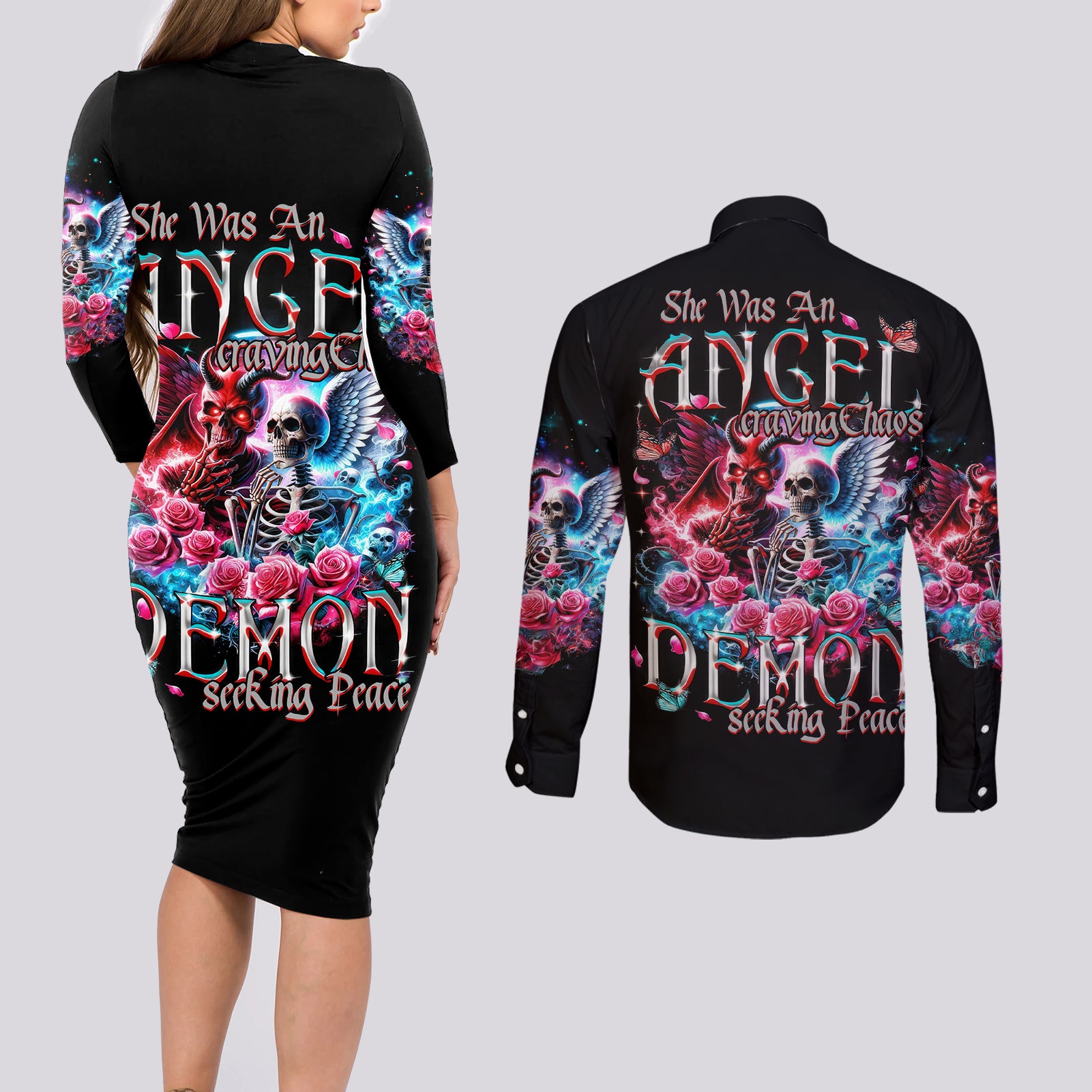 Flame Skull Couples Matching Long Sleeve Bodycon Dress and Long Sleeve Button Shirt I'm Not Anti Social I'm Just Not User Friendly