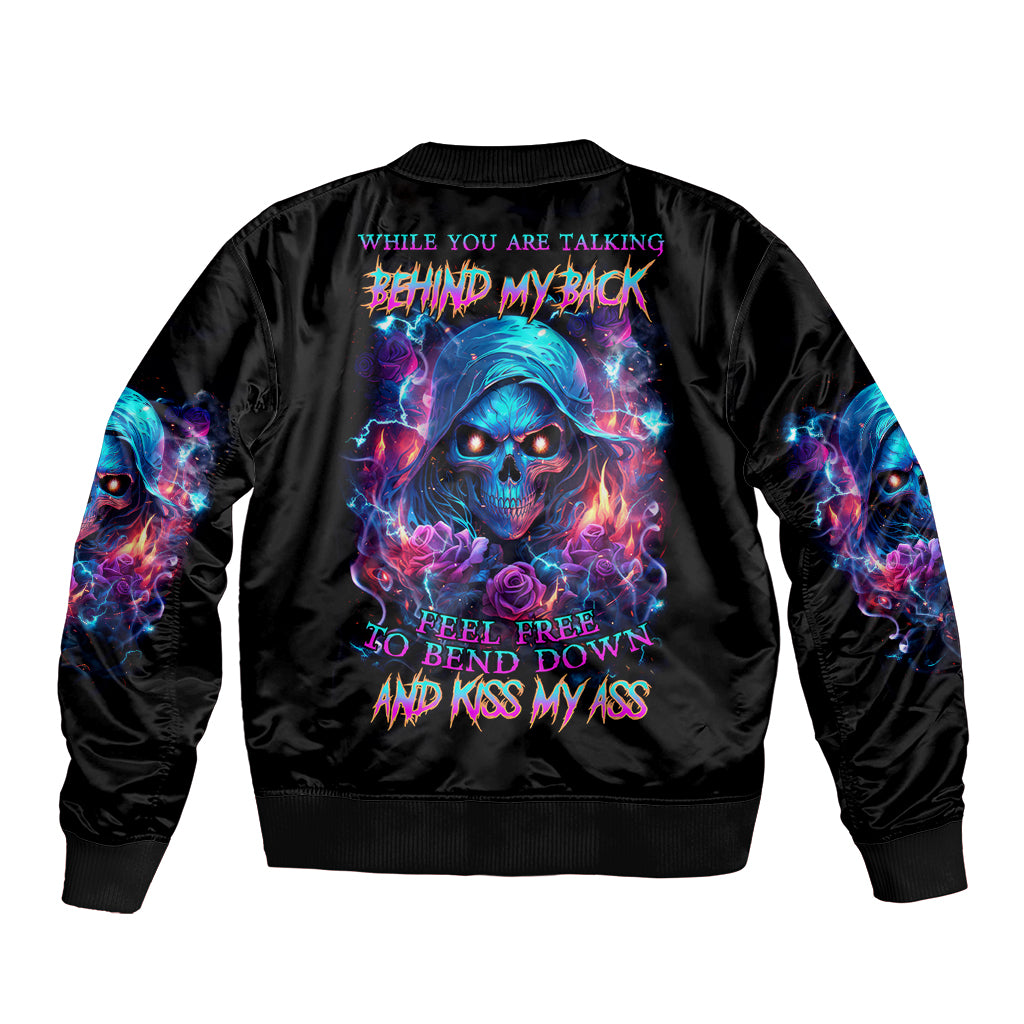 Flame Skull Bomber Jacket While You Are Talking Behind My Back Freel Free To Bend Down And Kiss My Ass