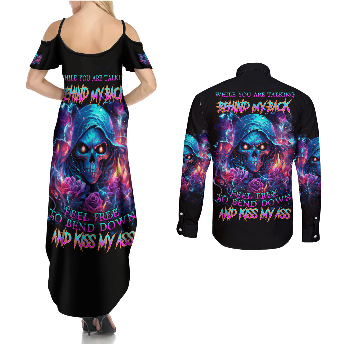 Flame Skull Couples Matching Summer Maxi Dress and Long Sleeve Button Shirt While You Are Talking Behind My Back Freel Free To Bend Down And Kiss My Ass