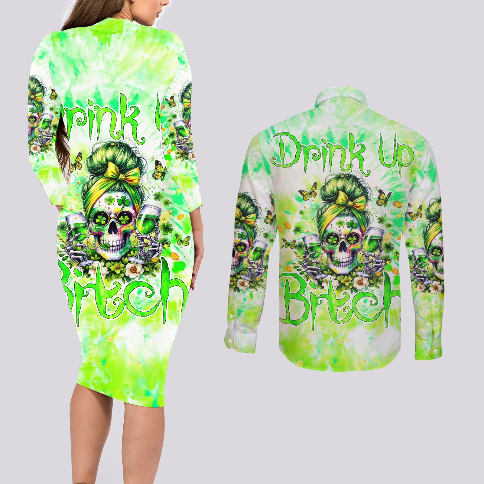 Irish Skull Couples Matching Long Sleeve Bodycon Dress and Long Sleeve Button Shirt Drink Up Bitch