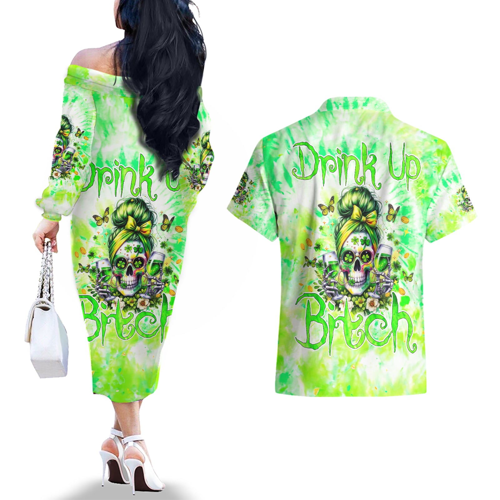 Irish Skull Couples Matching Off The Shoulder Long Sleeve Dress and Hawaiian Shirt Drink Up Bitch