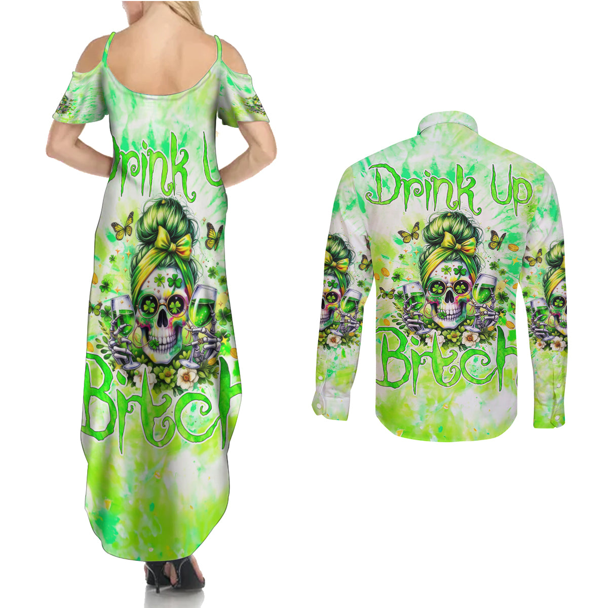 Irish Skull Couples Matching Summer Maxi Dress and Long Sleeve Button Shirt Drink Up Bitch