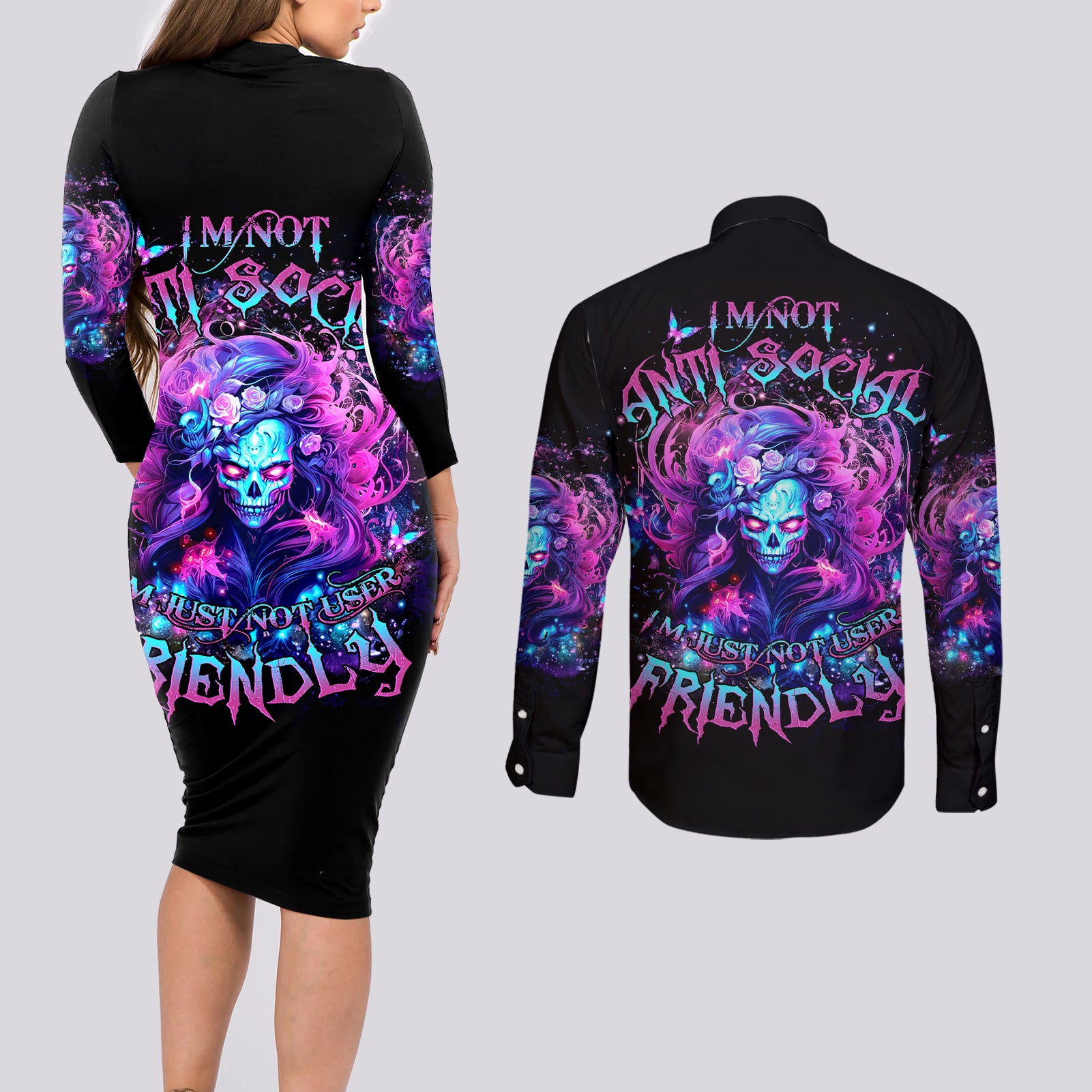 Lady Skull Couples Matching Long Sleeve Bodycon Dress and Long Sleeve Button Shirt I'm Not Anti Social I'm Just Not User Friendly