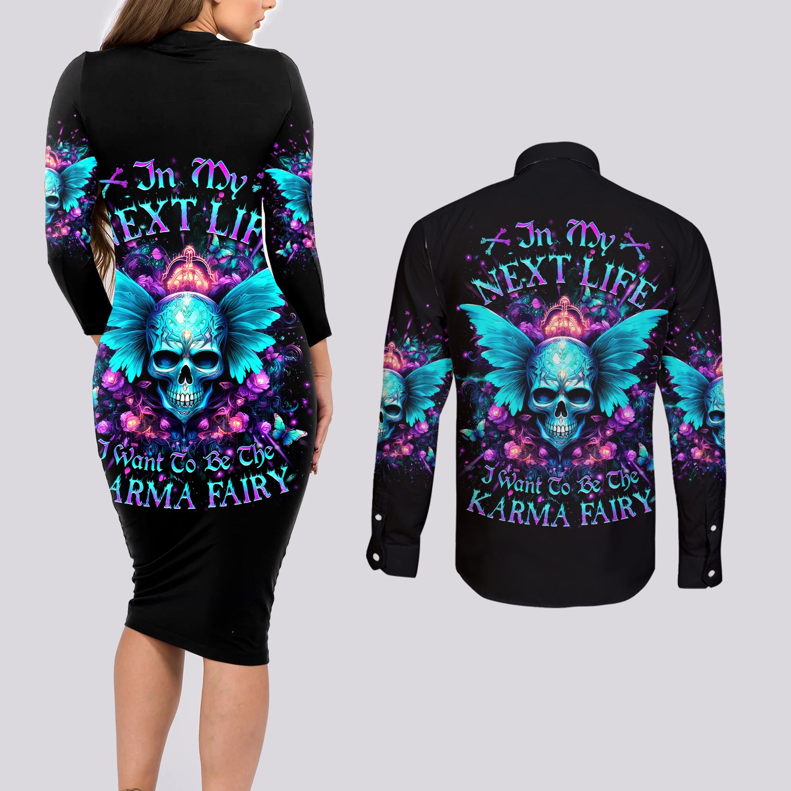 Fairy Skull Couples Matching Long Sleeve Bodycon Dress and Long Sleeve Button Shirt In My Next Life I Want To Be The Karme Fairy