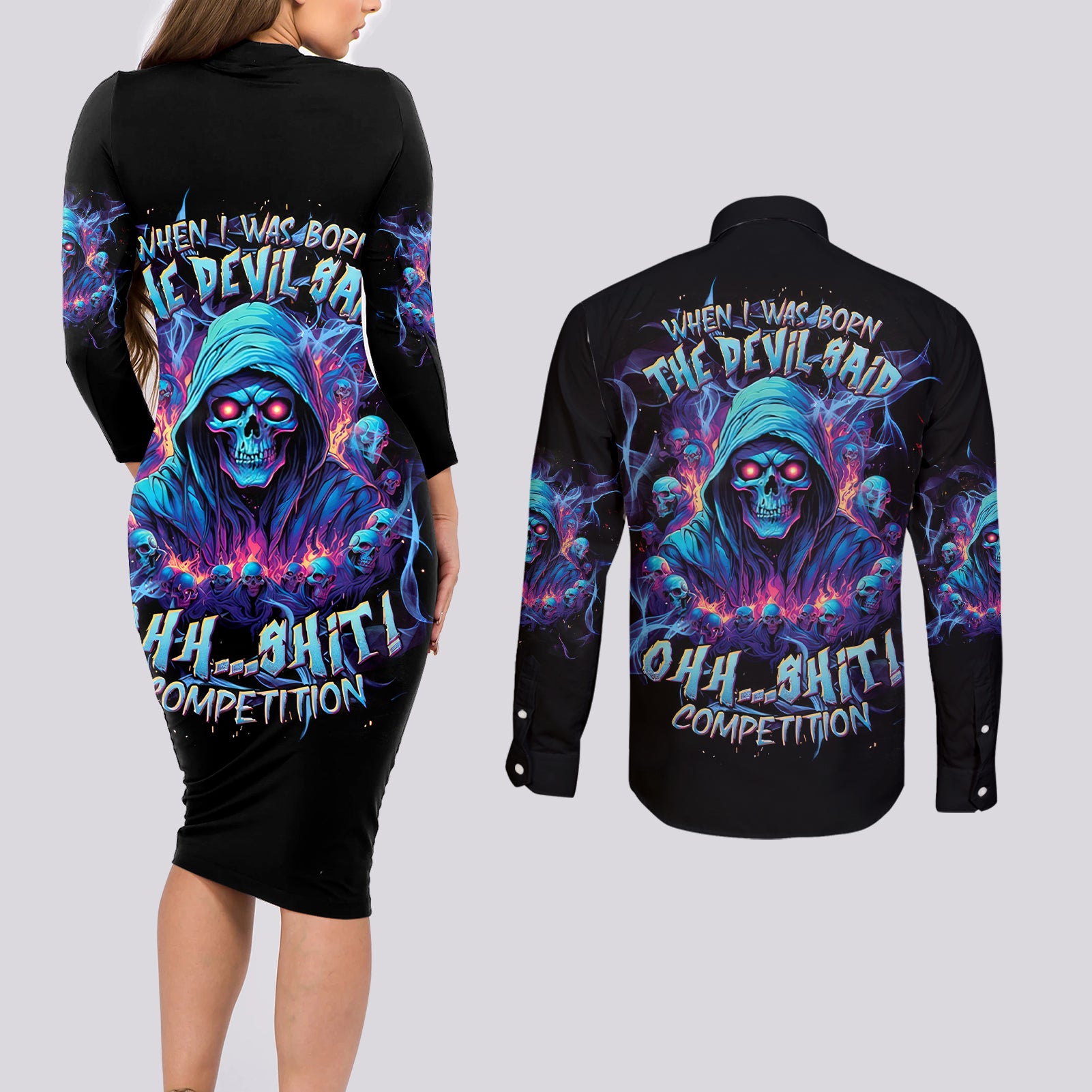 Reaper Skull Couples Matching Long Sleeve Bodycon Dress and Long Sleeve Button Shirt When I Was Born The Devil Said Oh Shit Competition