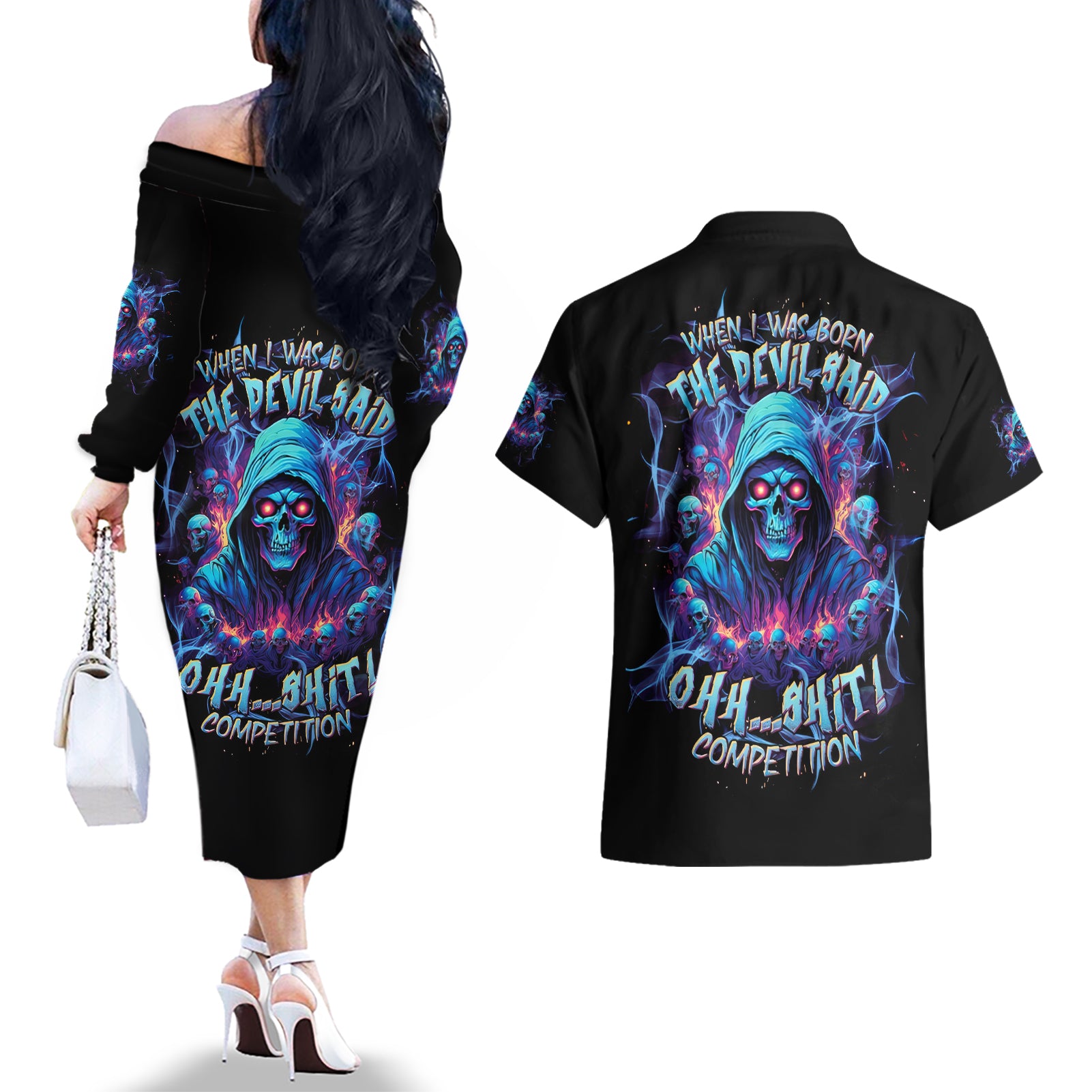 Reaper Skull Couples Matching Off The Shoulder Long Sleeve Dress and Hawaiian Shirt When I Was Born The Devil Said Oh Shit Competition