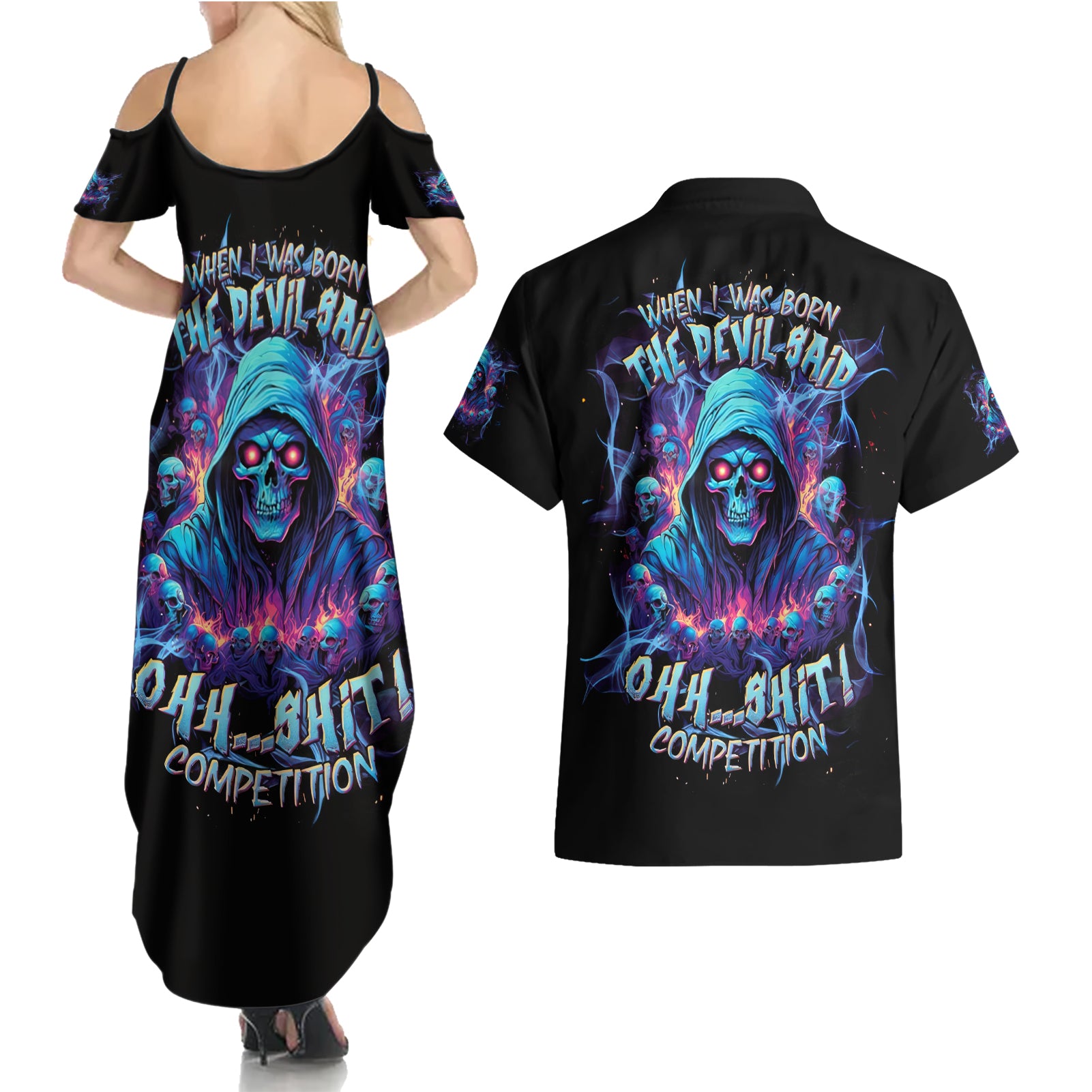 Reaper Skull Couples Matching Summer Maxi Dress and Hawaiian Shirt When I Was Born The Devil Said Oh Shit Competition