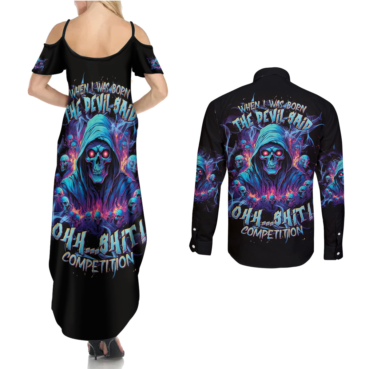 Reaper Skull Couples Matching Summer Maxi Dress and Long Sleeve Button Shirt When I Was Born The Devil Said Oh Shit Competition