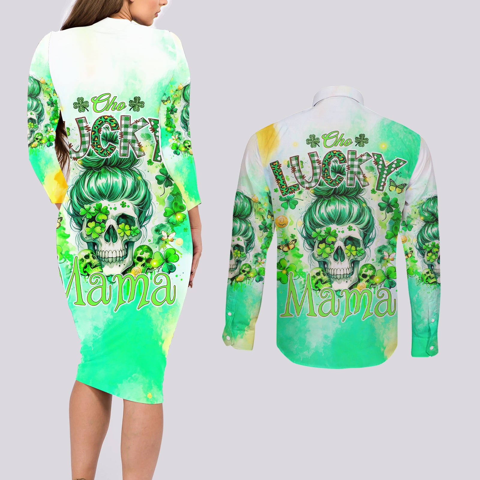 Irish Skull Couples Matching Long Sleeve Bodycon Dress and Long Sleeve Button Shirt Oho Lucky Mama