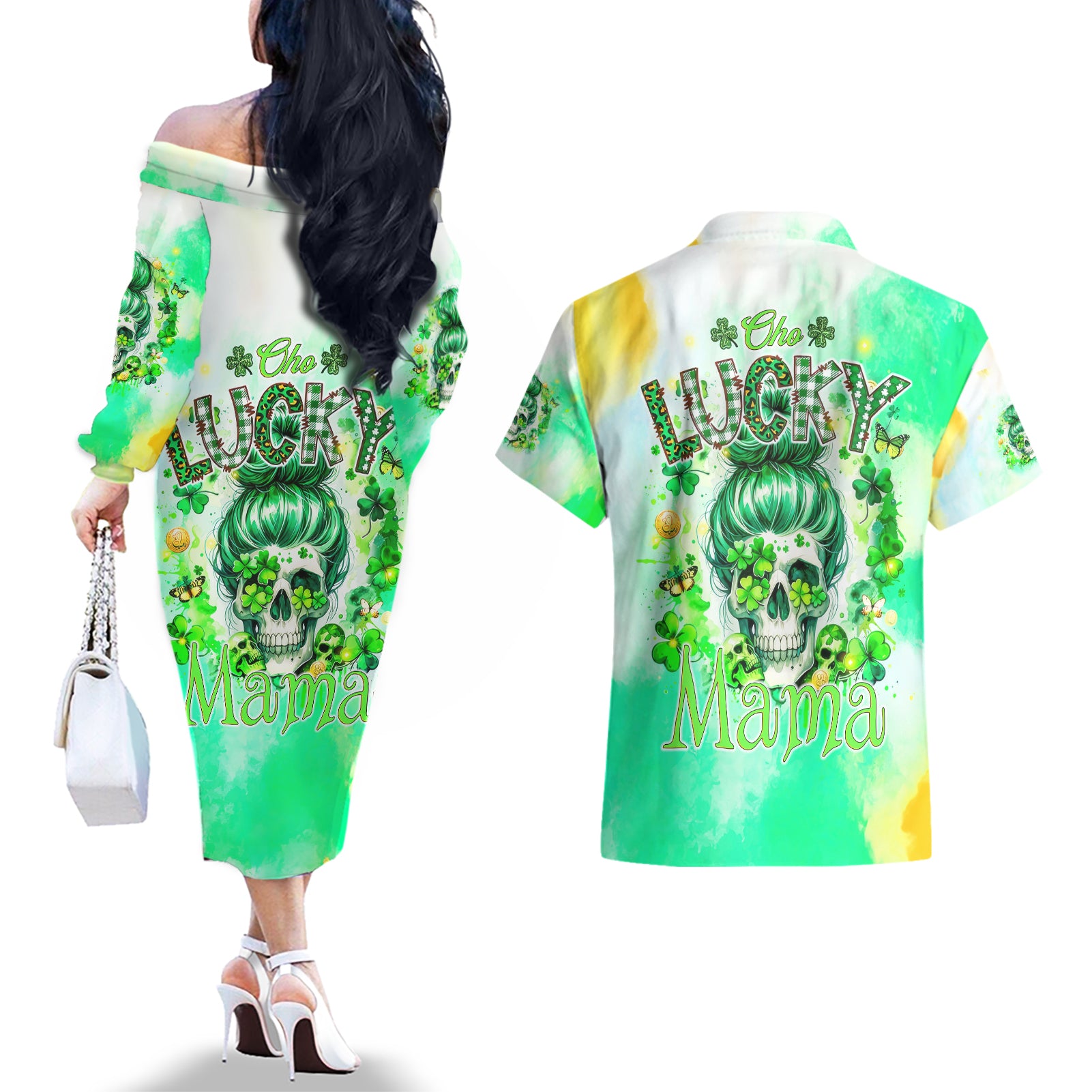 Irish Skull Couples Matching Off The Shoulder Long Sleeve Dress and Hawaiian Shirt Oho Lucky Mama