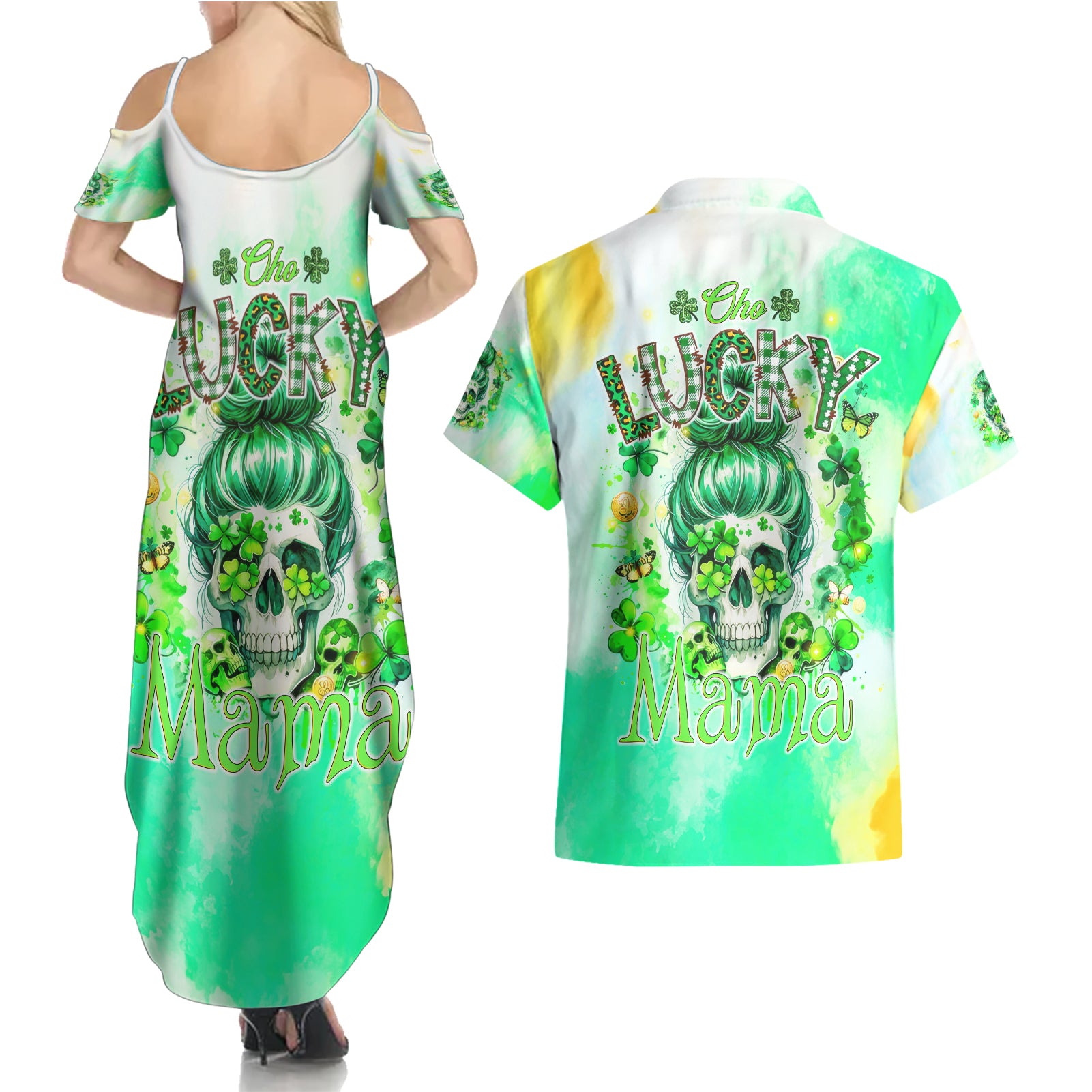 Irish Skull Couples Matching Summer Maxi Dress and Hawaiian Shirt Oho Lucky Mama