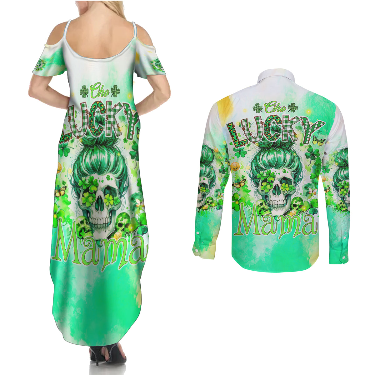 Irish Skull Couples Matching Summer Maxi Dress and Long Sleeve Button Shirt Oho Lucky Mama