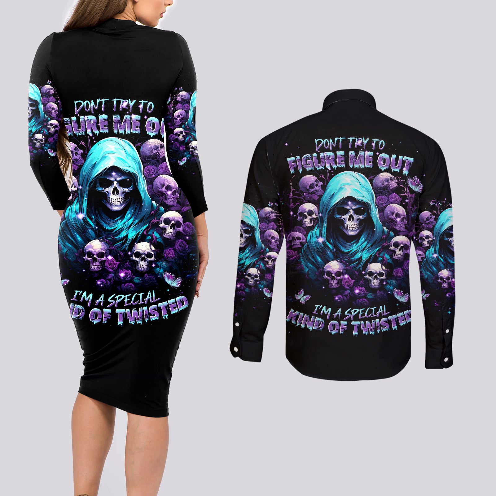 Reaper Skull Couples Matching Long Sleeve Bodycon Dress and Long Sleeve Button Shirt Don't Try To Figure Me Out