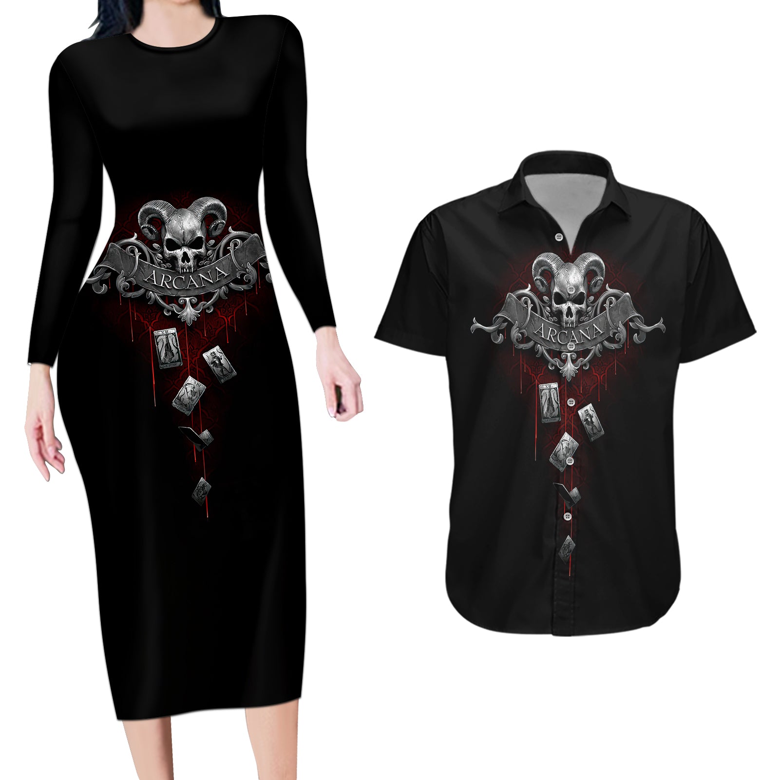 skull-couples-matching-long-sleeve-bodycon-dress-and-hawaiian-shirt-death-reaper-arcana