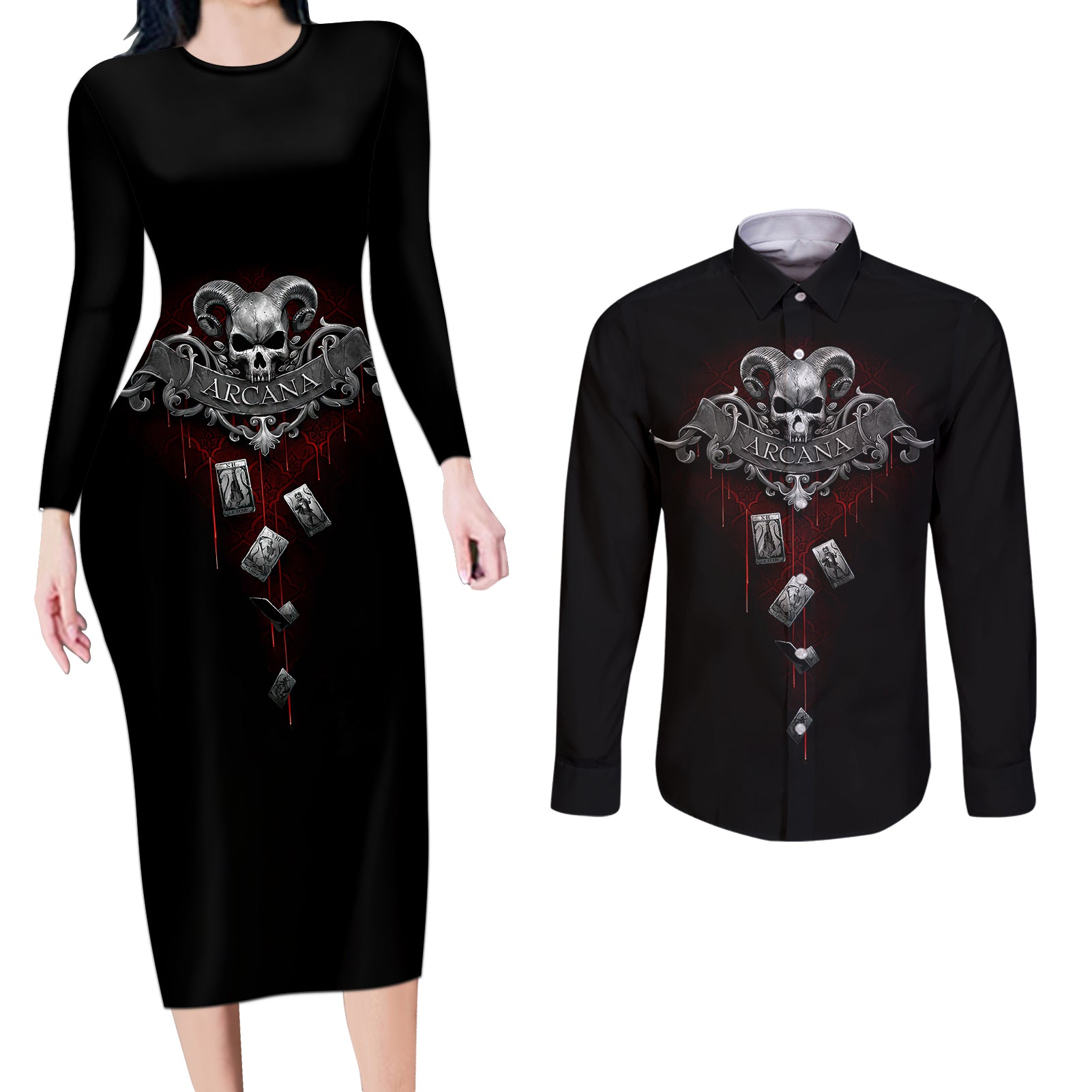 skull-couples-matching-long-sleeve-bodycon-dress-and-long-sleeve-button-shirts-death-reaper-arcana