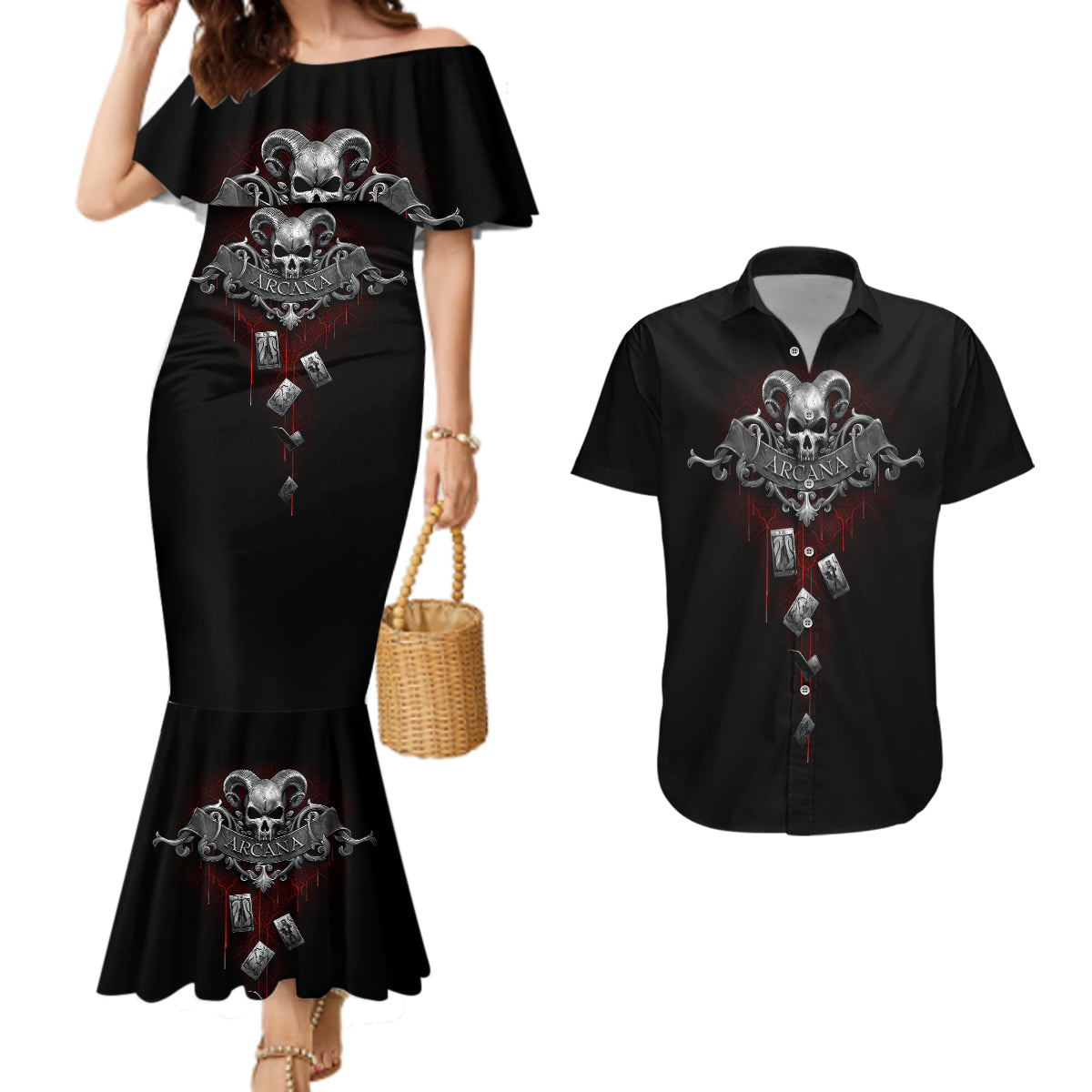 skull-couples-matching-mermaid-dress-and-hawaiian-shirt-death-reaper-arcana