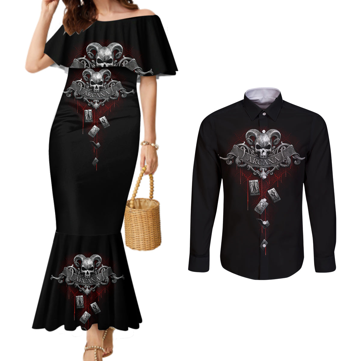 skull-couples-matching-mermaid-dress-and-long-sleeve-button-shirts-death-reaper-arcana