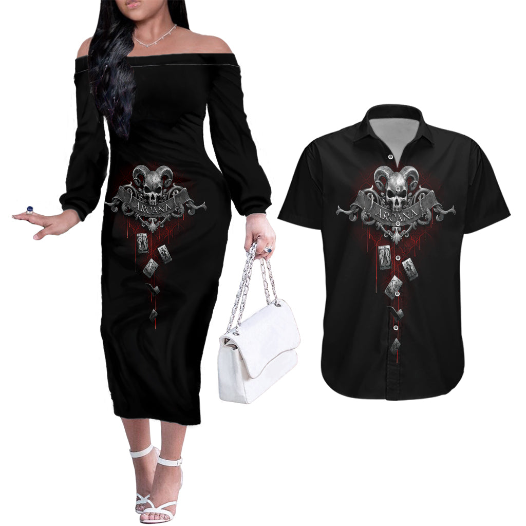 skull-couples-matching-off-the-shoulder-long-sleeve-dress-and-hawaiian-shirt-death-reaper-arcana