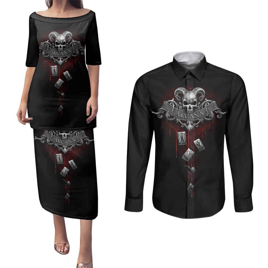 skull-couples-matching-puletasi-dress-and-long-sleeve-button-shirts-death-reaper-arcana