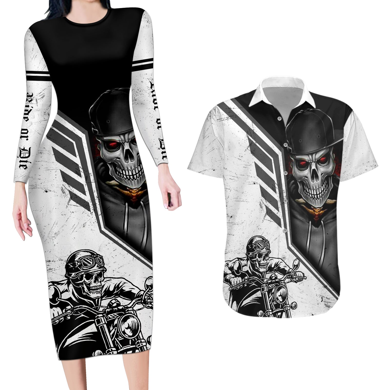 skull-couples-matching-long-sleeve-bodycon-dress-and-hawaiian-shirt-riding-motocycle