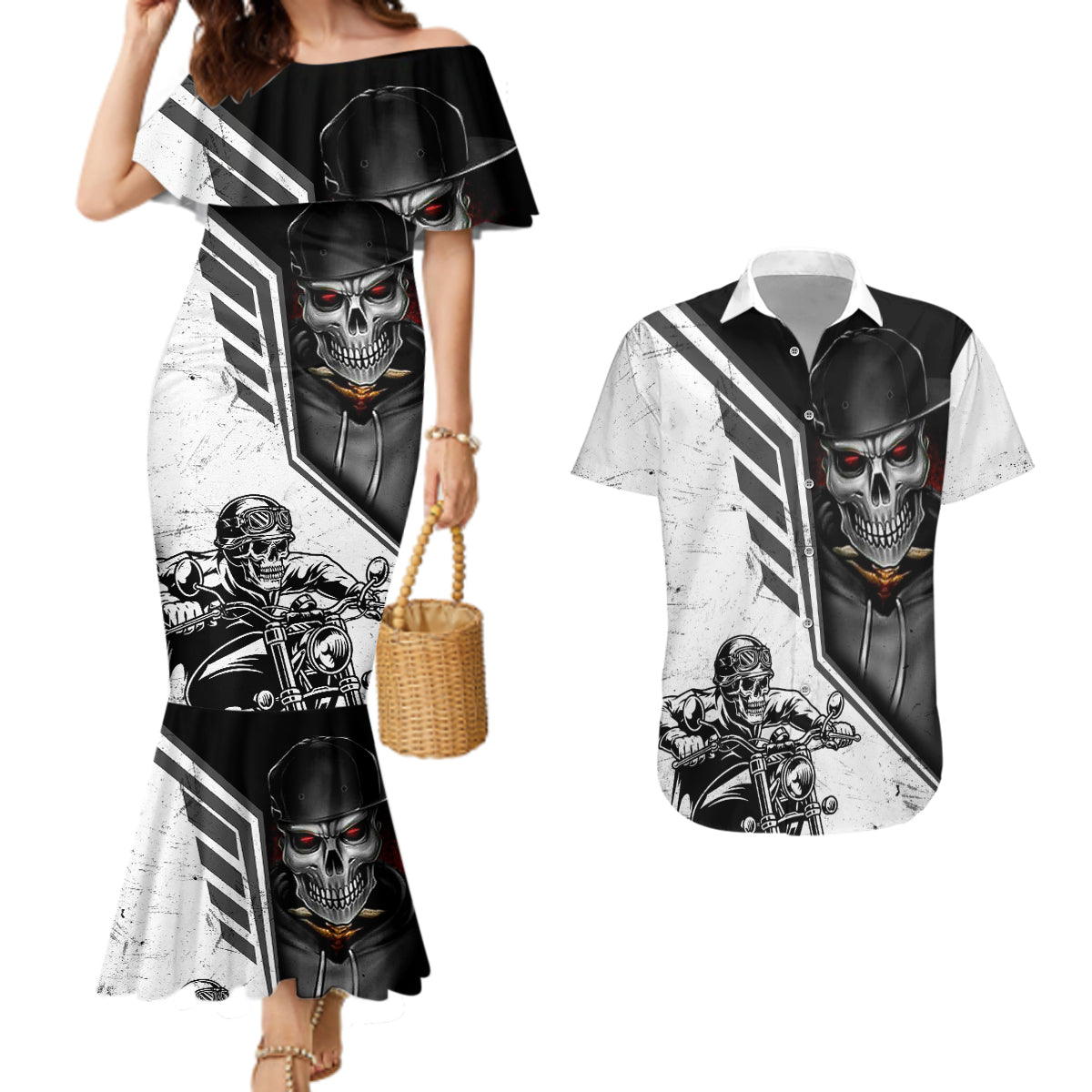 skull-couples-matching-mermaid-dress-and-hawaiian-shirt-riding-motocycle